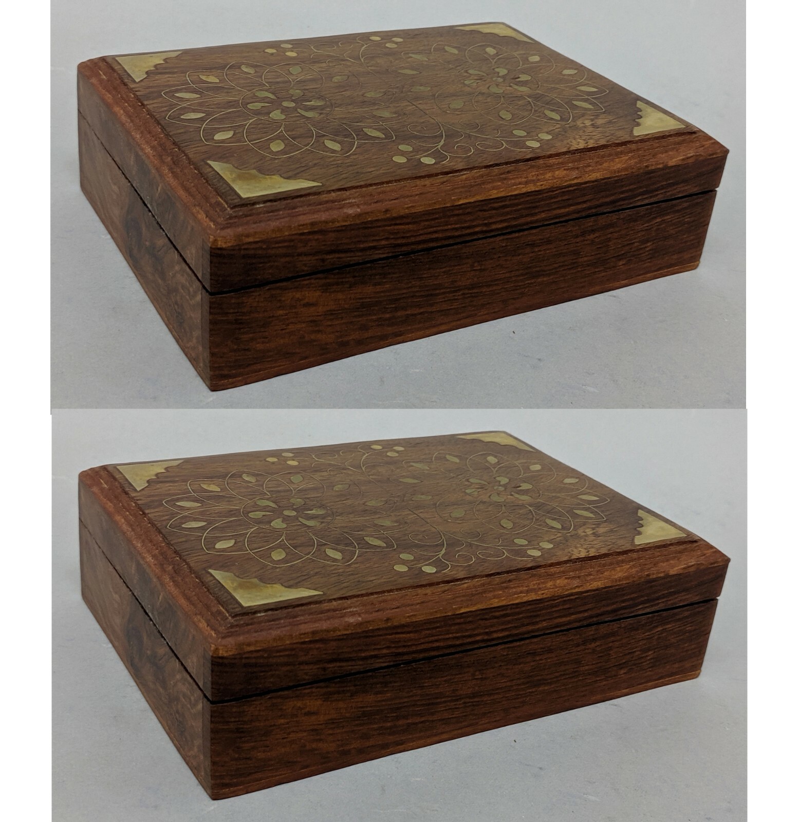 Box Sheesham Wood Hinged Top Inlaid Brass Design 5\