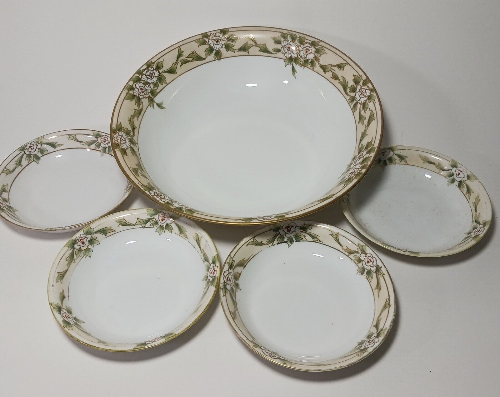 Antique Nippon Hand Painted Floral Gold Gilded Serving Berry Bowl Set