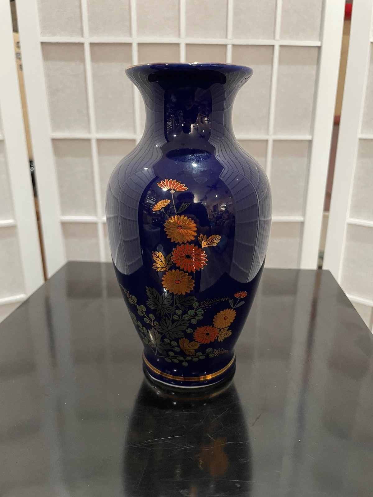 Vintage Cobalt Blue Floral Ceramic Vase with Gold Trim
