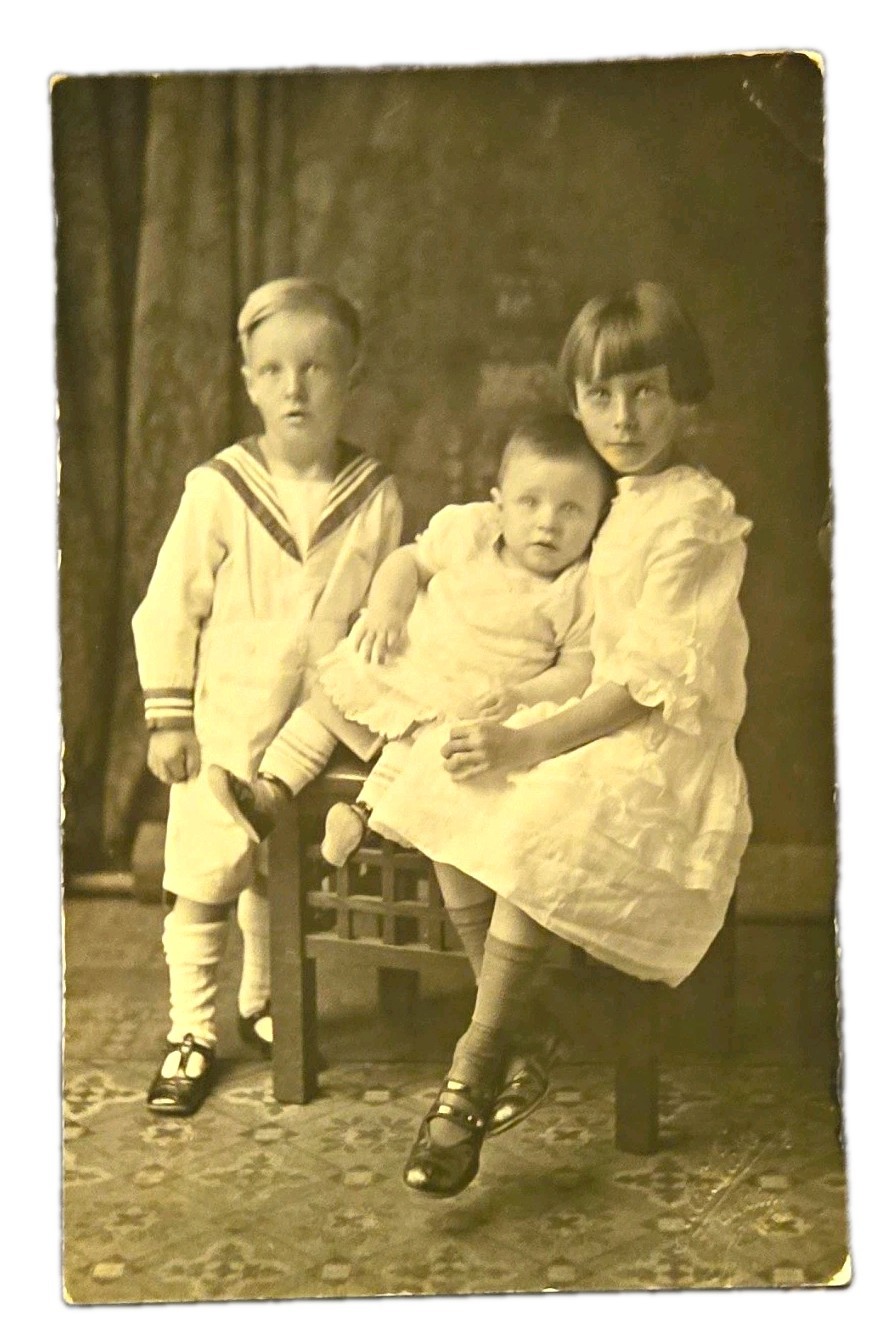 Vintage RPPC Photo Postcard Studio Portrait Three Children Divided Back Unposted Vintage RPPC Photo Postcard Studio Portrait Three Children Divided Back Unposted