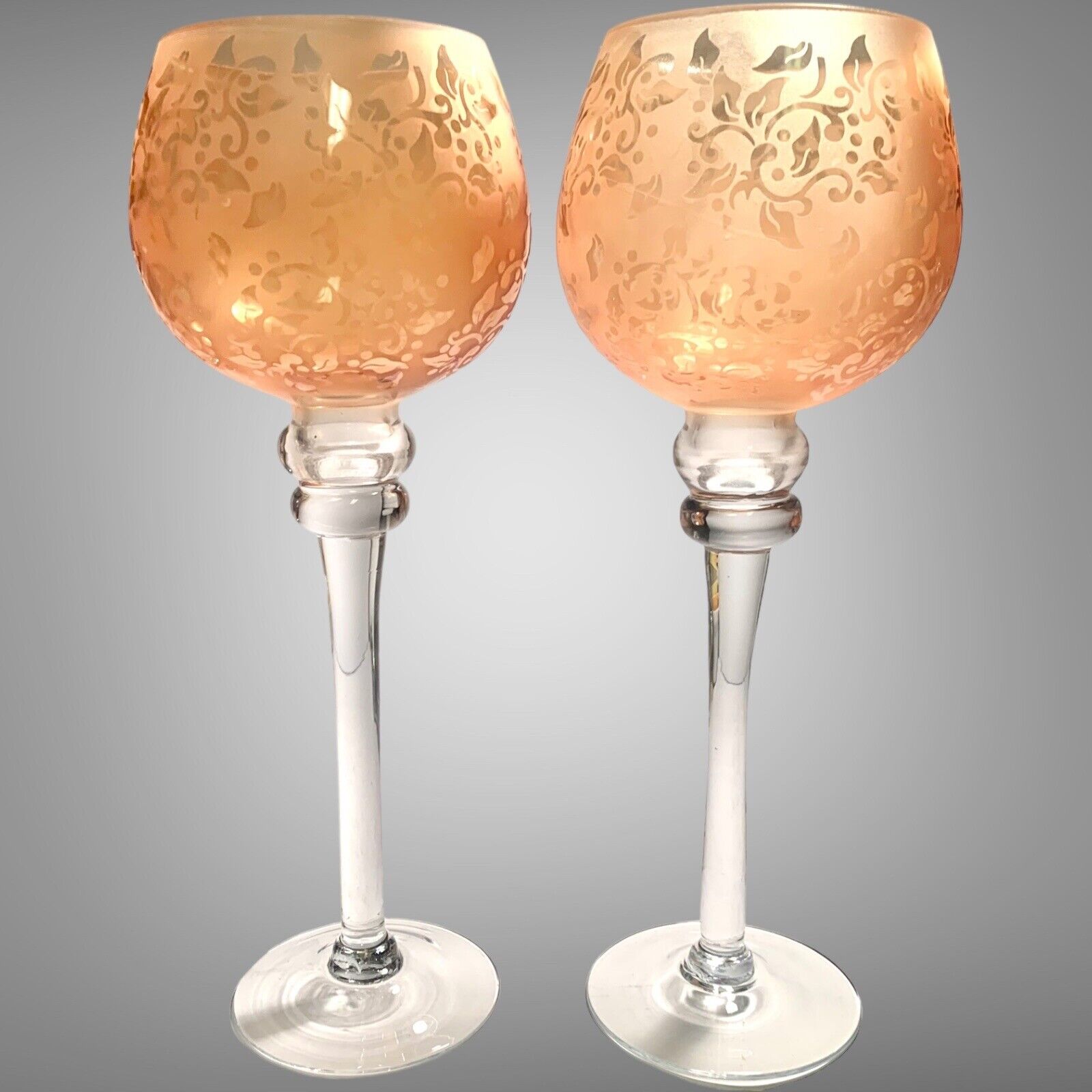 Pair Of Stemmed 13” Tall Tealight/Votive Candle Holders Tan/Rosé With Clear Stem