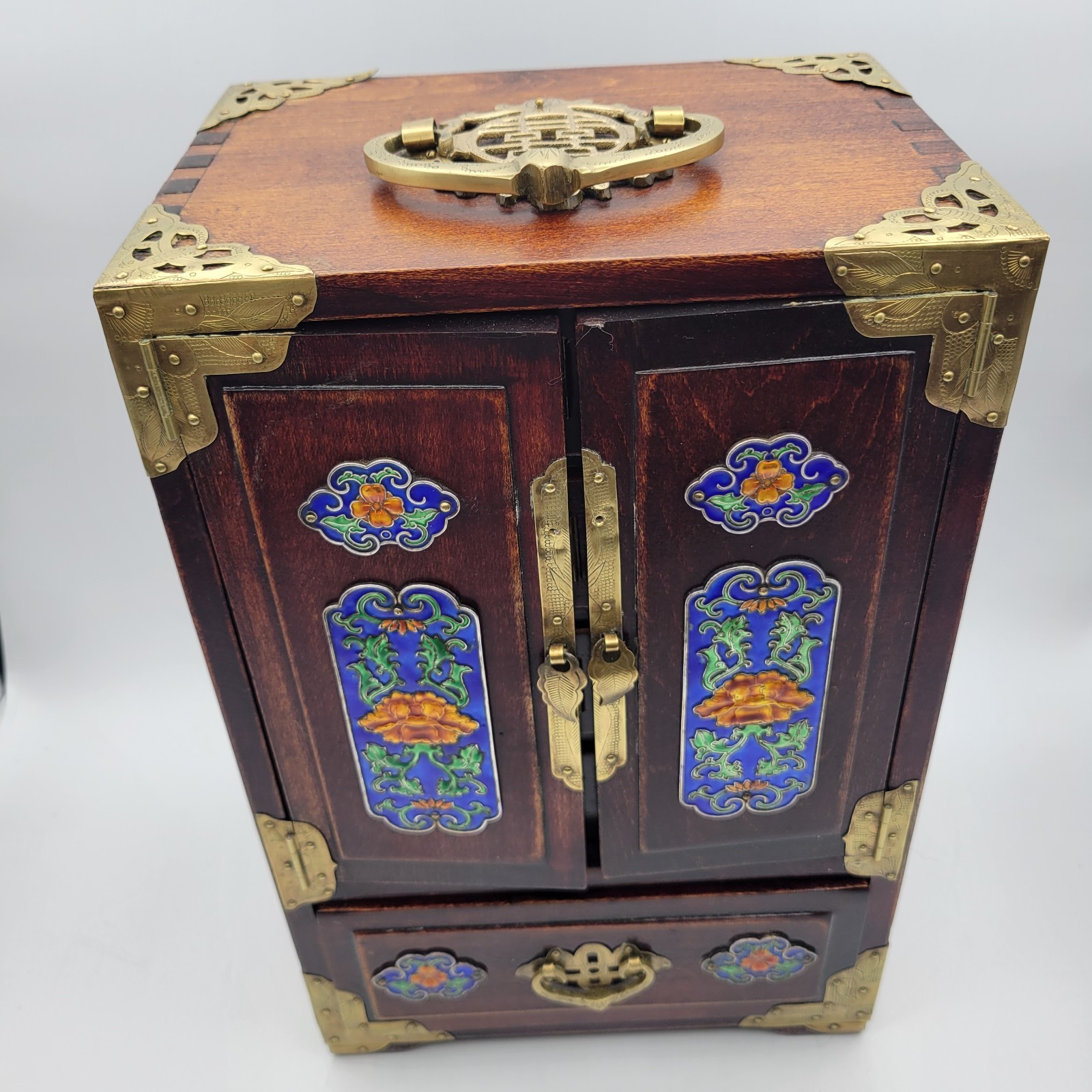 Chinese Jewelry Box Wood Brass Enamel Ornate Green Silk Lined Large Vintage