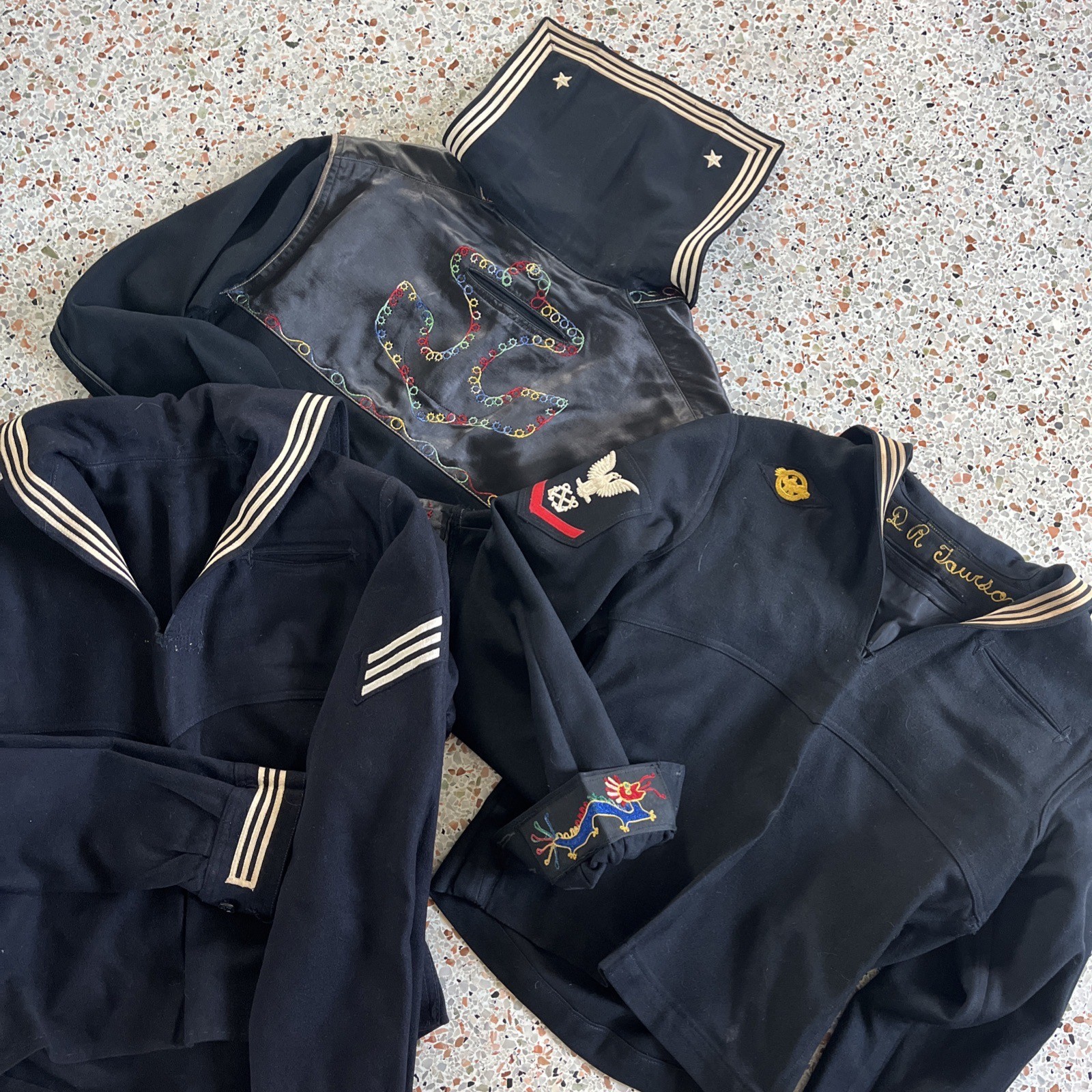 3 WWII Vietnam Era US NAVY Wool SAILOR Crackerjack Uniform Shirt USN Embroidered 3 WWII Vietnam Era US NAVY Wool SAILOR Crackerjack Uniform Shirt USN Embroidered