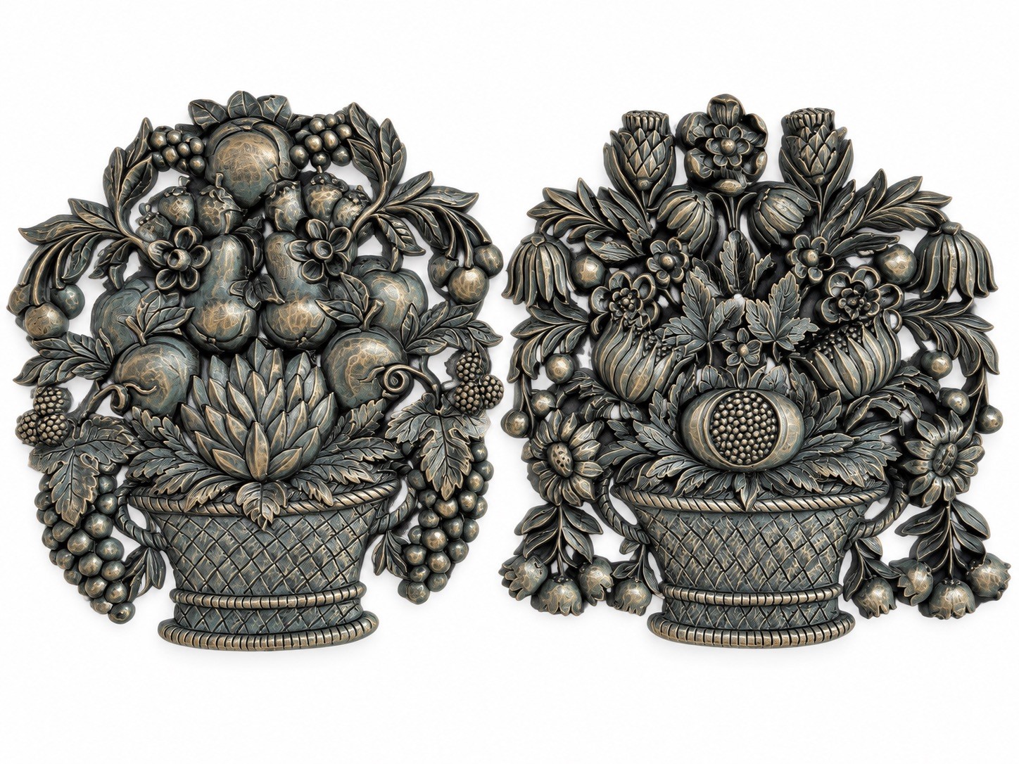 Pair Vtg 1966 Syroco Fruit Flower Baskets Blue Grey Faux Wood Wall Art Retro MCM