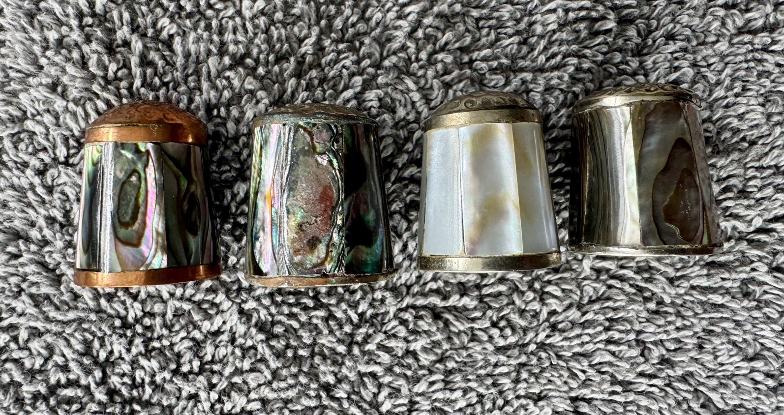Unique Mother of Pearl and Abalone Inlay Collectible Sewing Thimbles - Lot Of 4 Unique Mother of Pearl and Abalone Inlay Collectible Sewing Thimbles - Lot Of 4