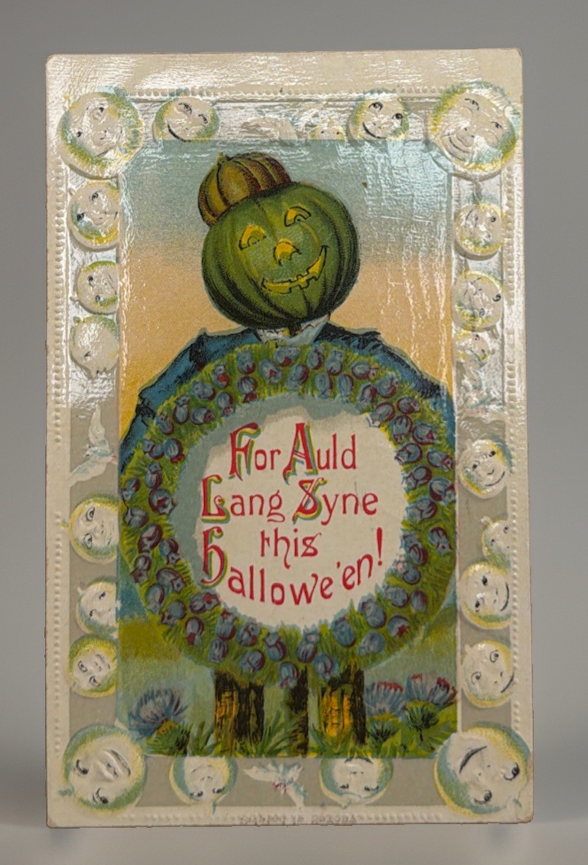 Antique HALLOWEEN GOTTSCHALK Postcard GOURD HEAD SCARECROW JOL Auld lang Syne