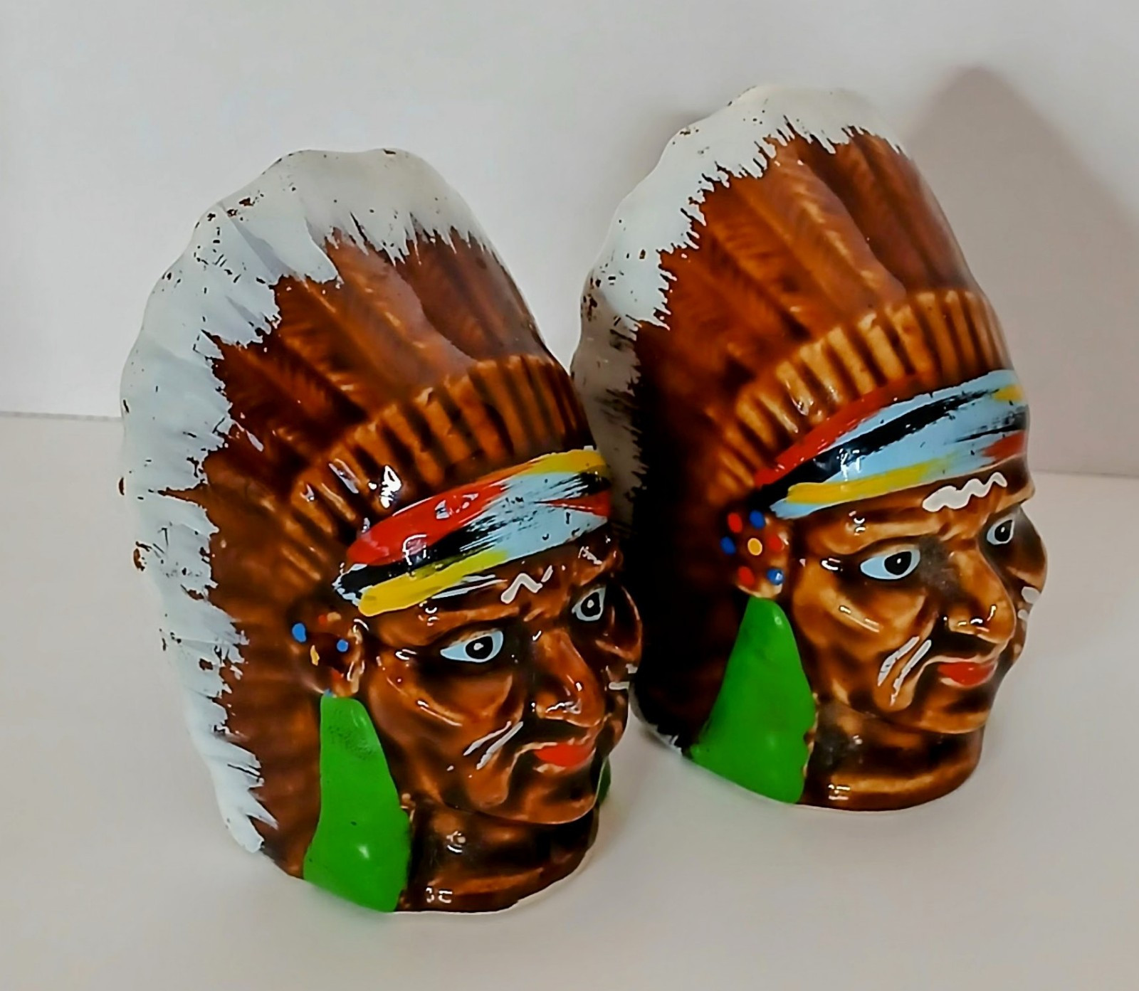 Vtg Salt & Pepper Shakers Native American Indian Ceramic Souviners Chief Figures