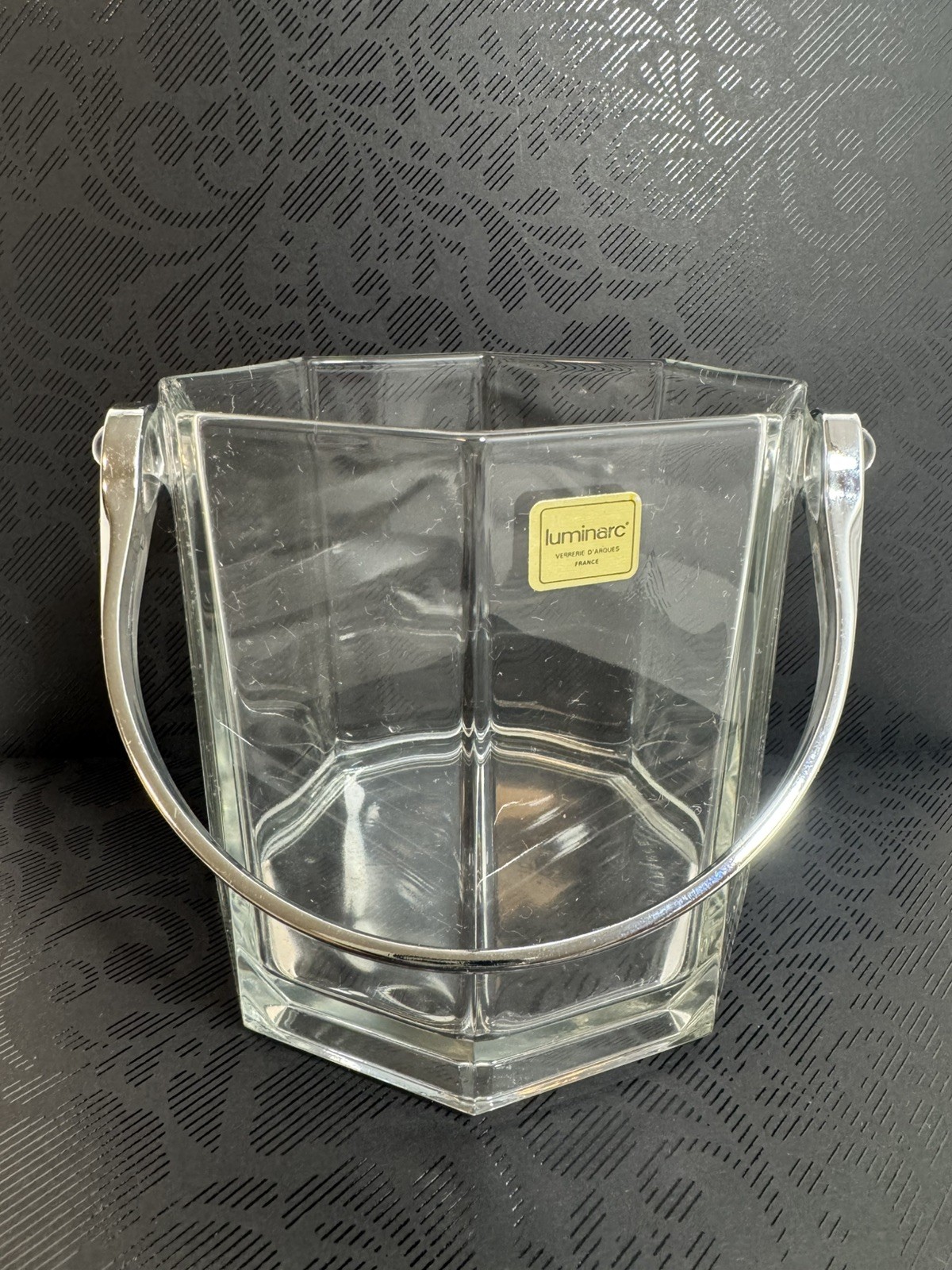 Vintage Luminarc France Glass Ice Bucket Octagon Clear Acrylic Handle MCM Vintage Luminarc France Glass Ice Bucket Octagon Clear Acrylic Handle MCM