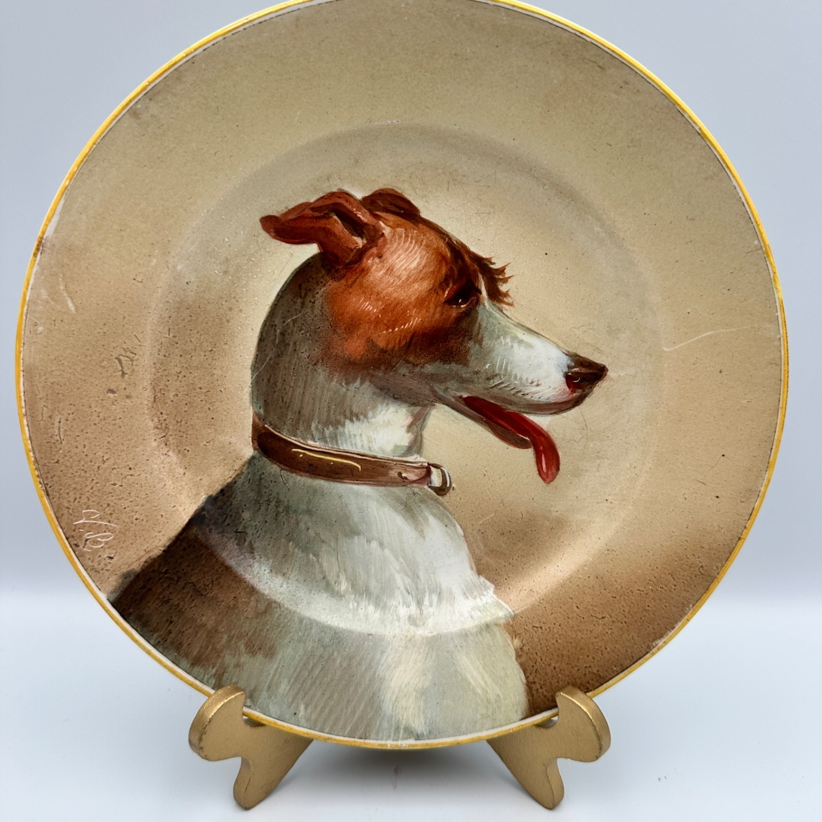 Antique Creil Montereau Terre de Fer Hand Painted Dog Plate France 19th C