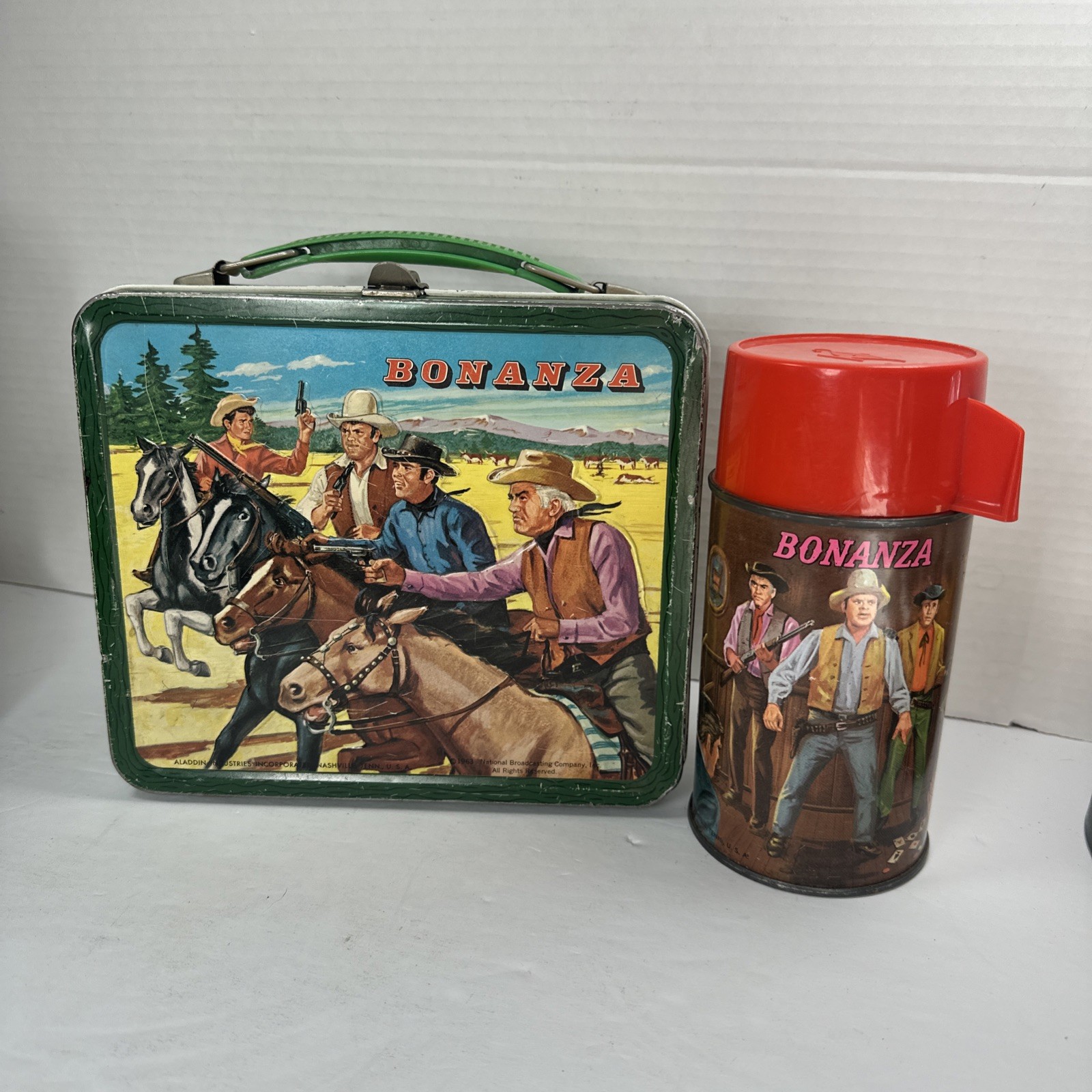 Vintage Aladdin 1963 BONANZA Green Lunchbox Lunch Thermos Hoss Ponderosa