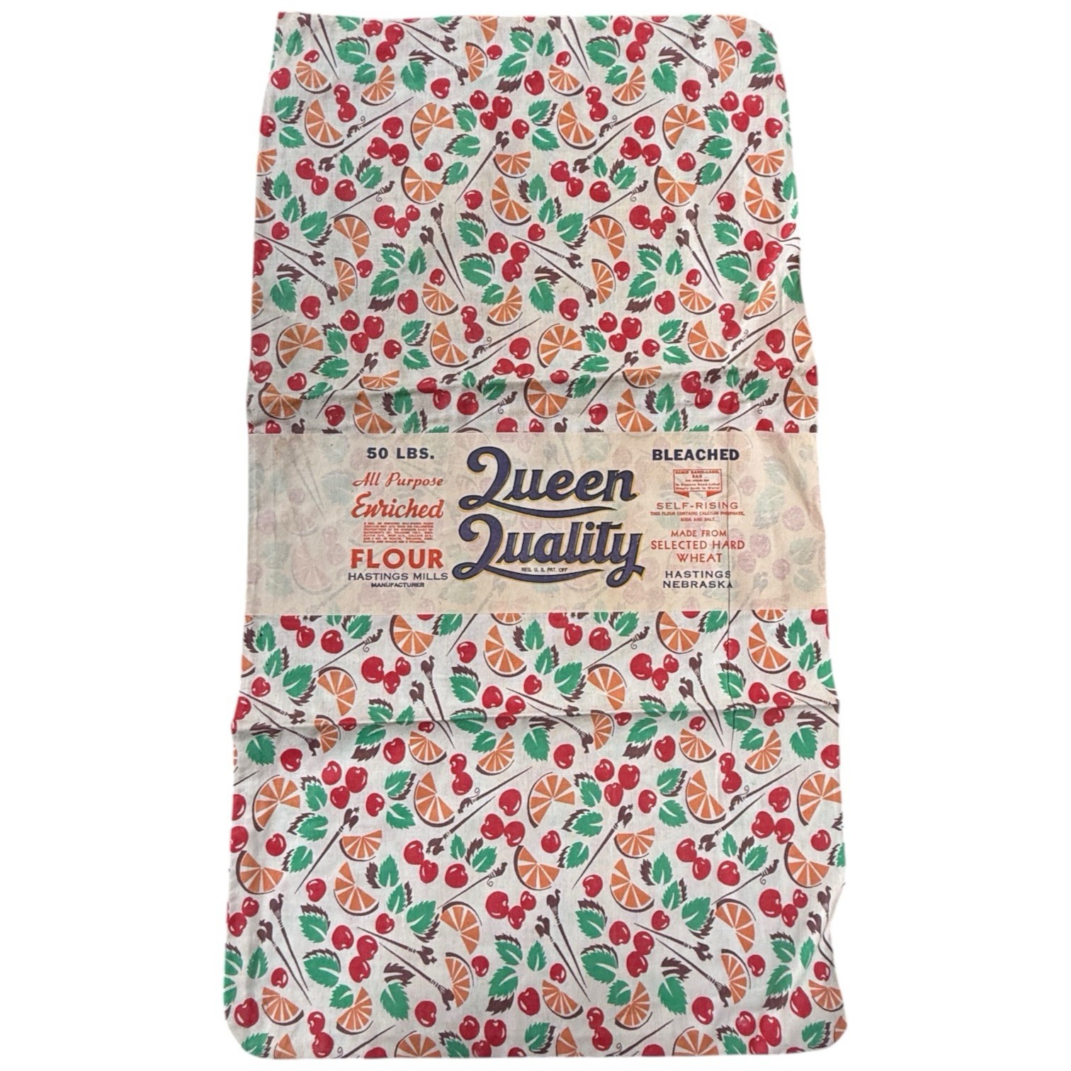 Vintage Queen Quality Hastings Nebraska Flour Feed Sack Fruit Print 50 Lb
