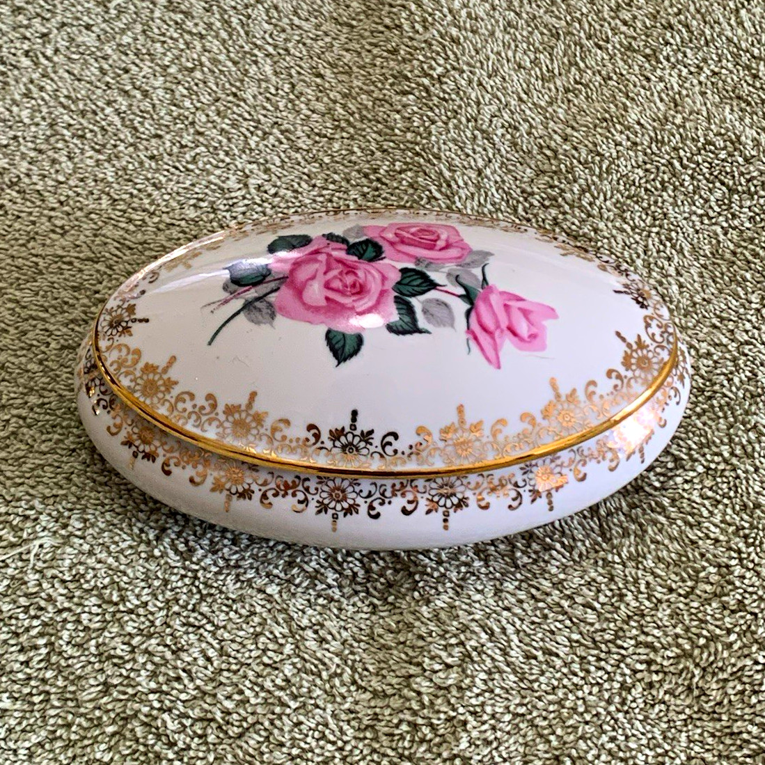 Vintage Limoges France Porcelain Trinket Box with Pink Roses Floral & Gold Trim 