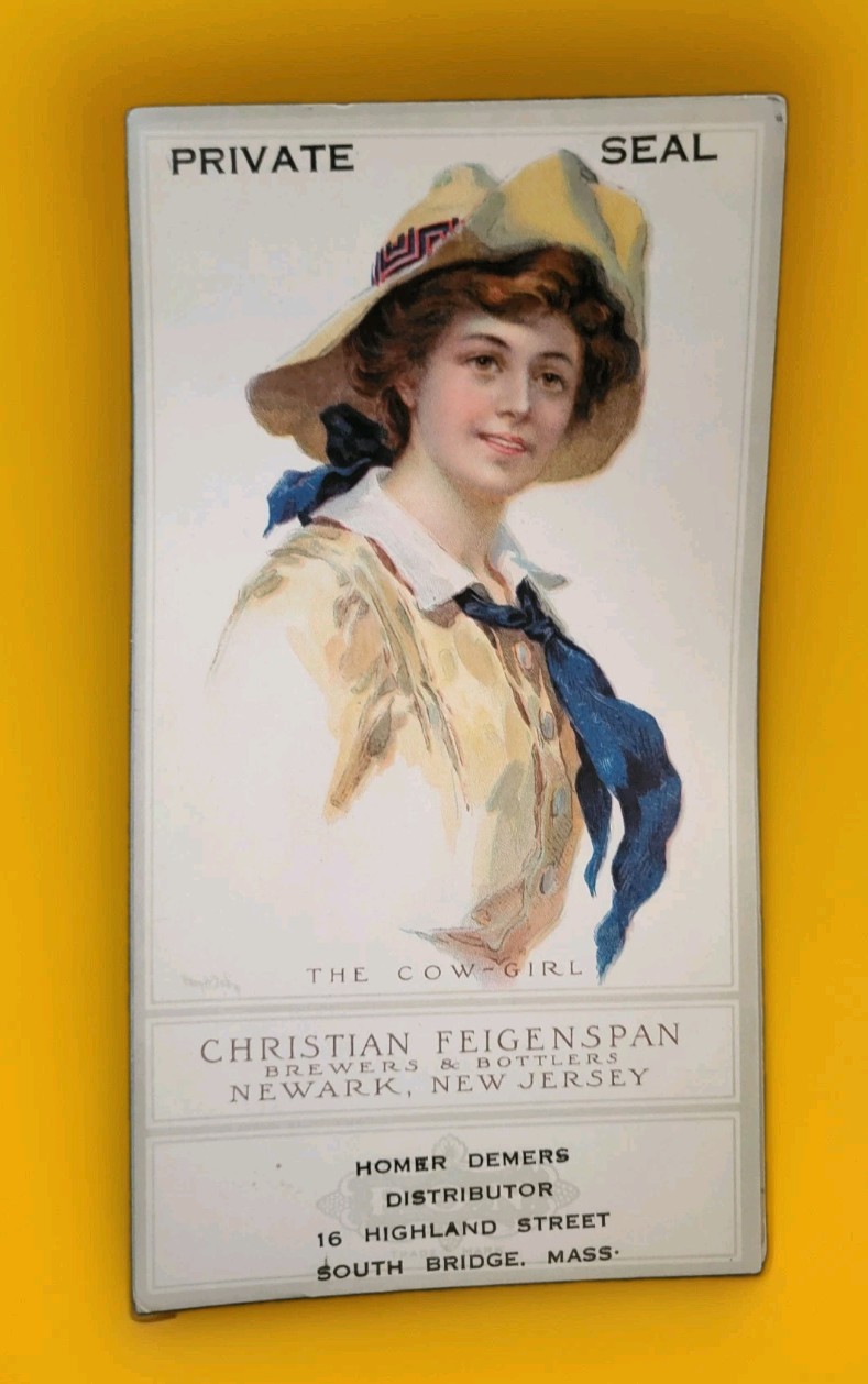 1905 PRE-PROHIBITION FEIGENSPAN PRIVATE SEAL BEER INK BLOTTER COW GIRL NEWARK NJ 1905 PRE-PROHIBITION FEIGENSPAN PRIVATE SEAL BEER INK BLOTTER COW GIRL NEWARK NJ