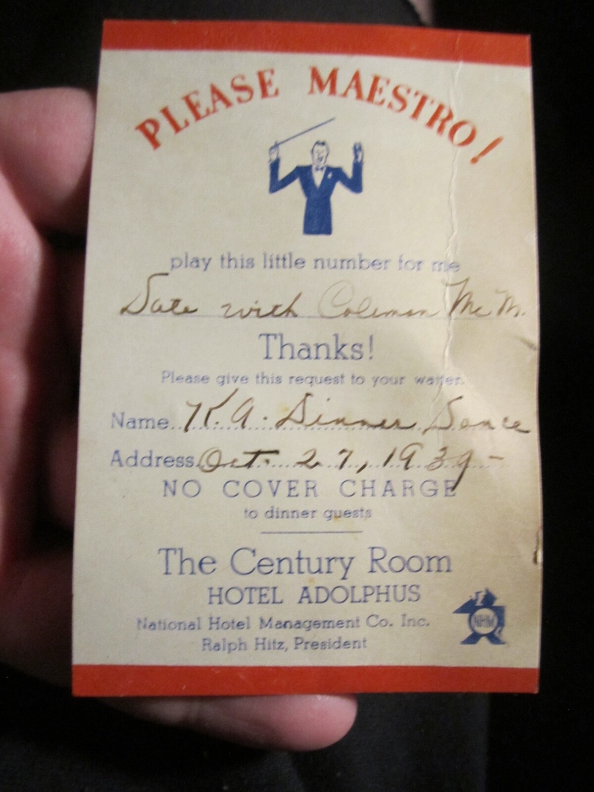 1939 HOTEL ADOLPHUS CENTURY ROOM DINNER & SHOW TICKET BBA-40 1939 HOTEL ADOLPHUS CENTURY ROOM DINNER & SHOW TICKET BBA-40