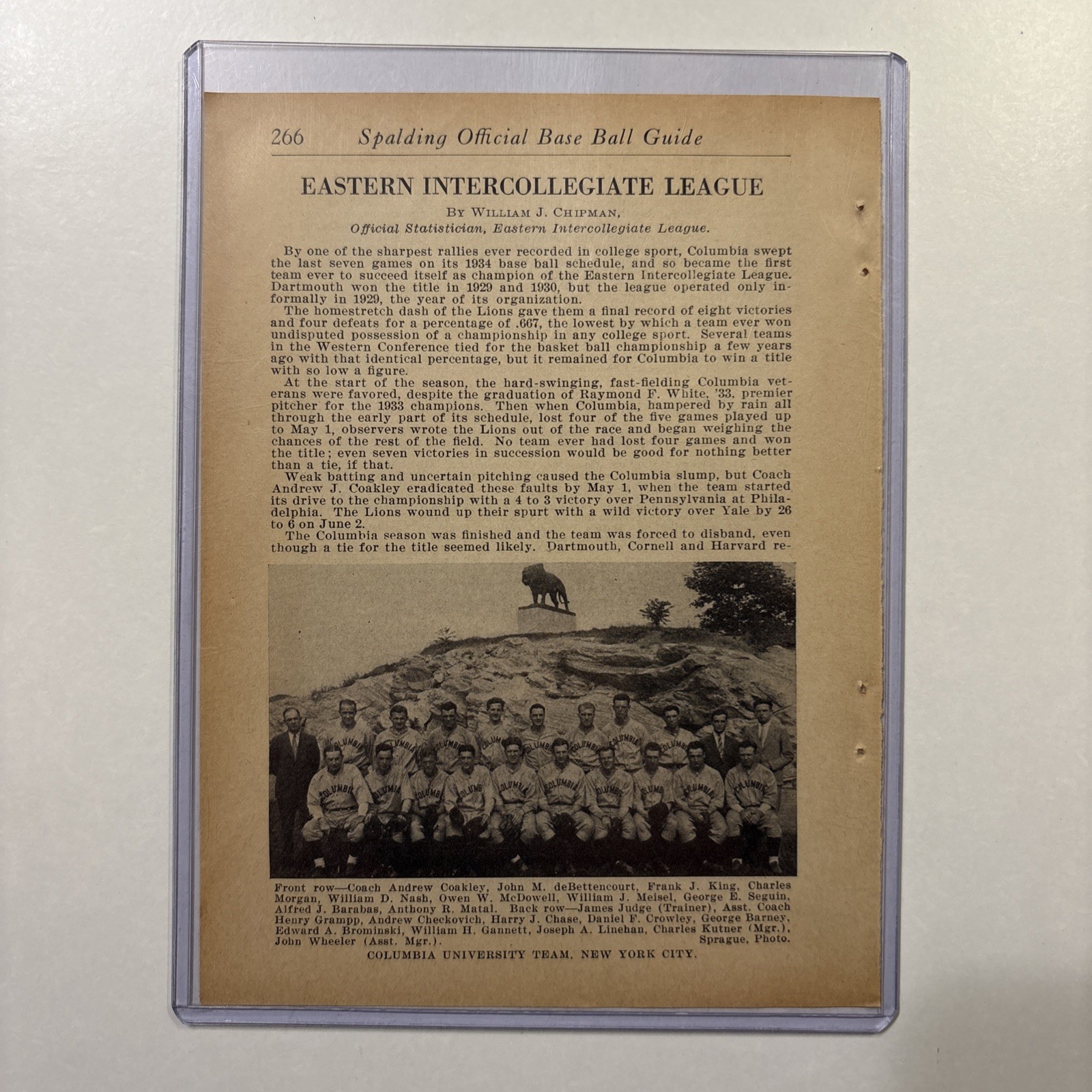 1934 Columbia University Baseball Team Picture Rare Antique New York City NYC