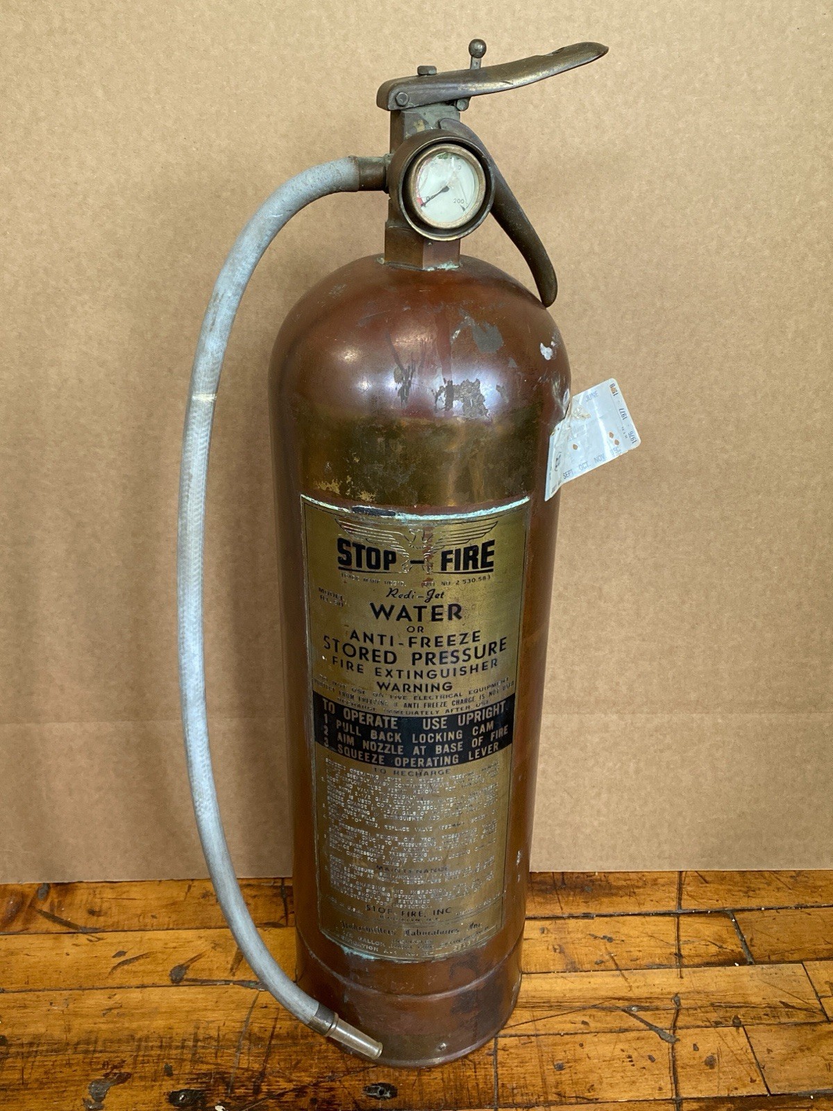 Vintage 1967 Stop Fire Redi Jet Copper Brass Fire Extinguisher Model RJ-50 Empty