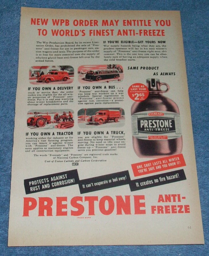 1943 Prestone Anti-Freeze War Time Vintag Color Ad \