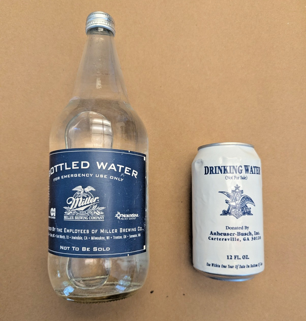 Vintage Emergency Water Bottle & Can Hurricane Relief Miller & Anheuser Busch