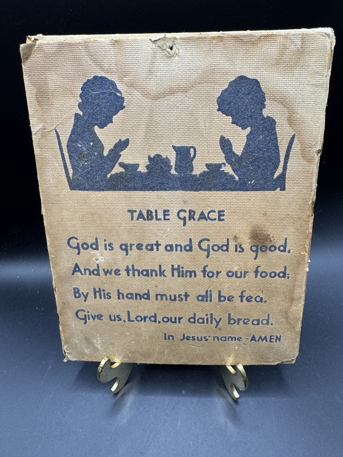 Vintage Table Grace Silhouette Religious Wall Plaque Board Child Prayer 1940s