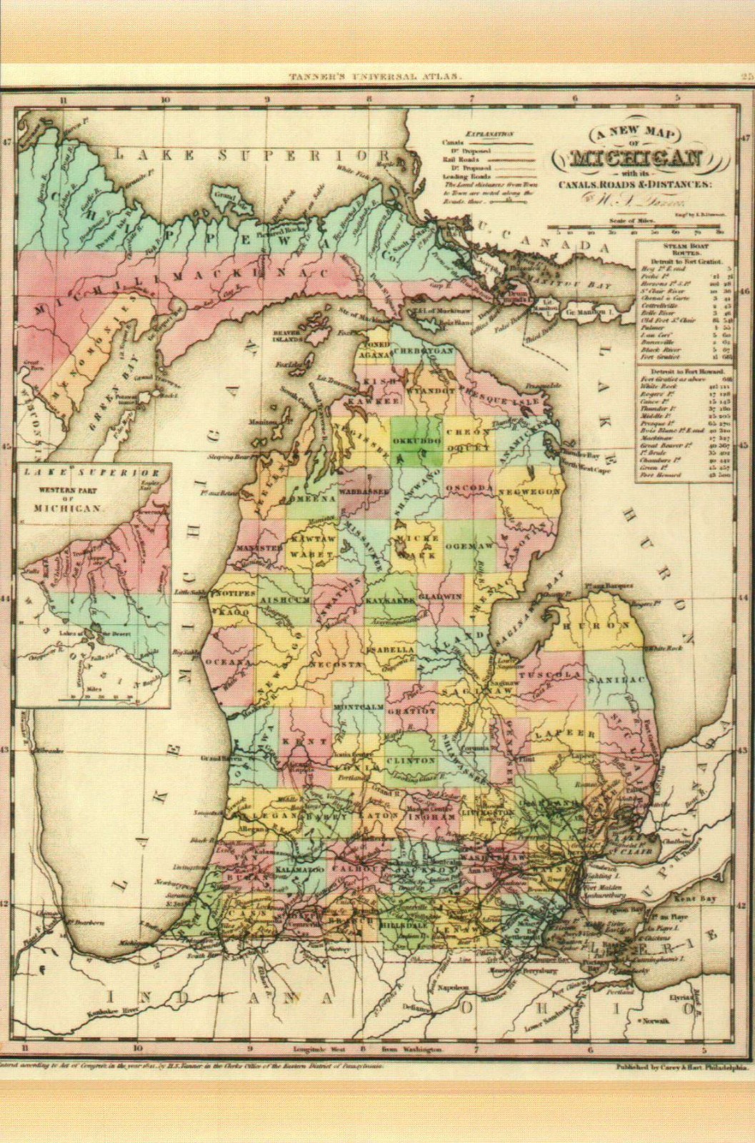 Map of Michigan with Canals Roads Distances by H.S. Tanner, 1842, MI -- Postcard