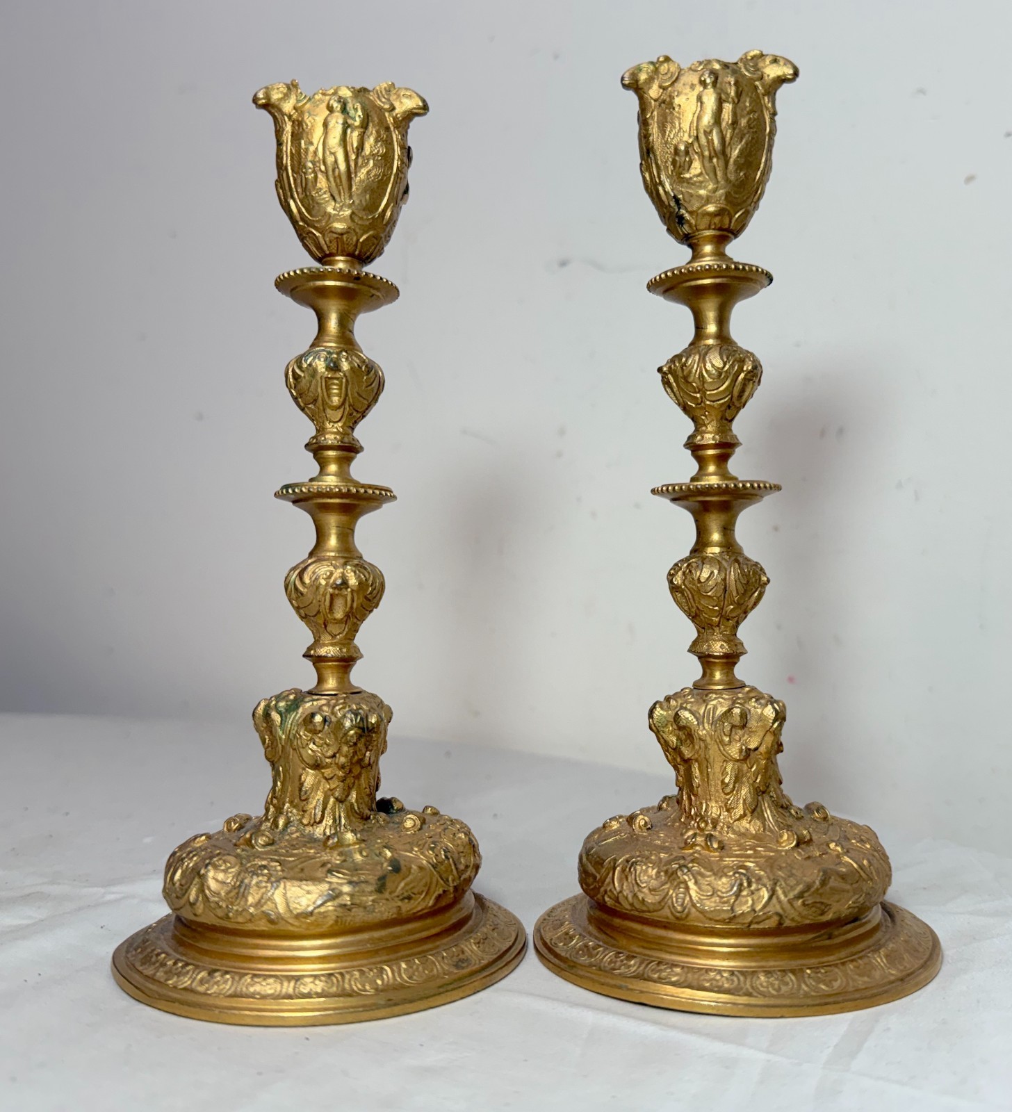 Pair antique ornate 1800's gilt bronze French figural candlestick candle holders Pair antique ornate 1800's gilt bronze French figural candlestick candle holders