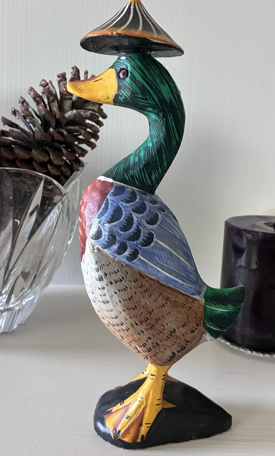 Unique Vintage Wood Hand Carved & Painted DUCK Wearing Asian Hat Figurine 9.5\ Unique Vintage Wood Hand Carved & Painted DUCK Wearing Asian Hat Figurine 9.5\