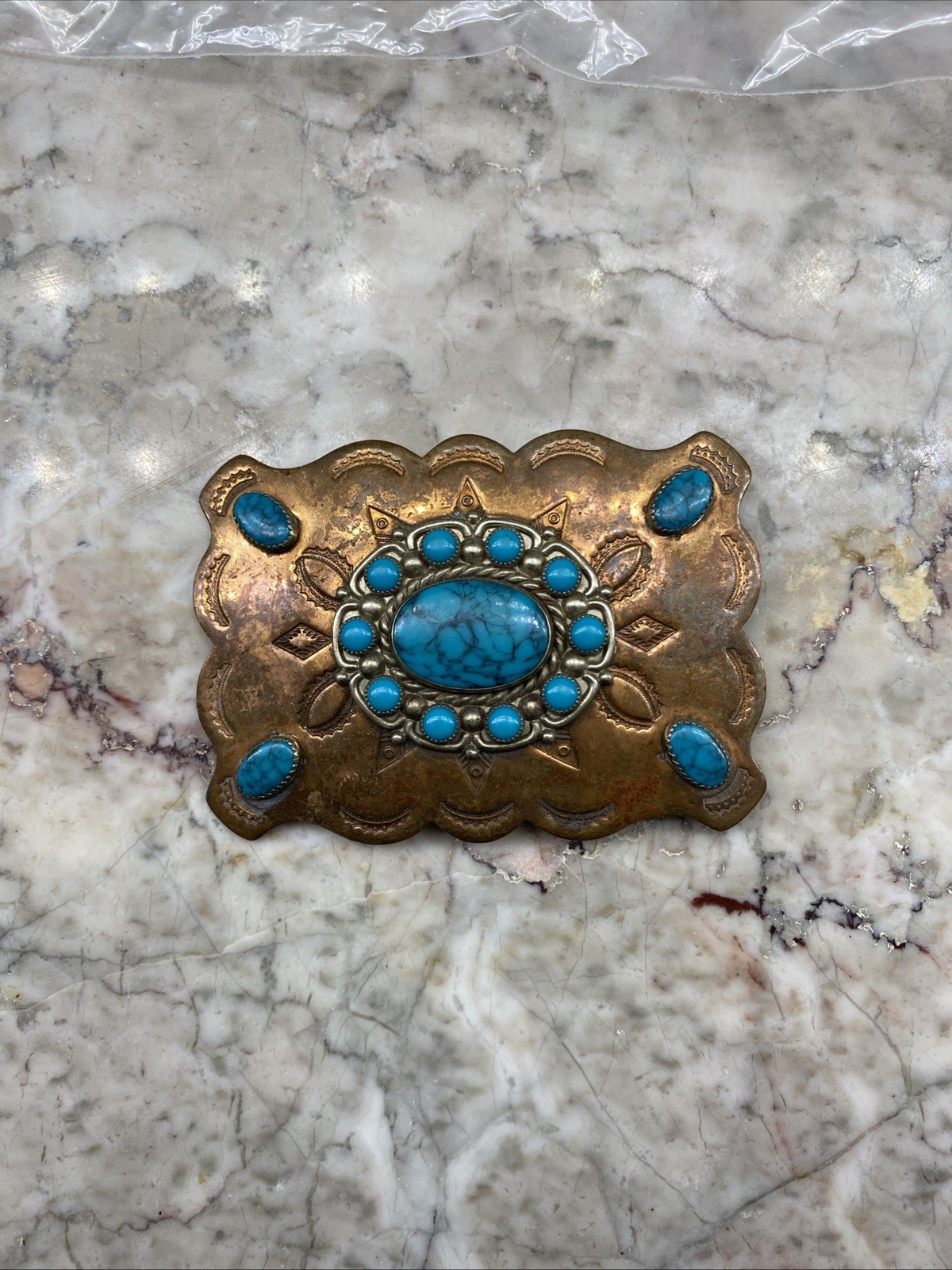 Vintage Solid Copper and Turquoise Western Belt Buckle 3.5\ Vintage Solid Copper and Turquoise Western Belt Buckle 3.5\