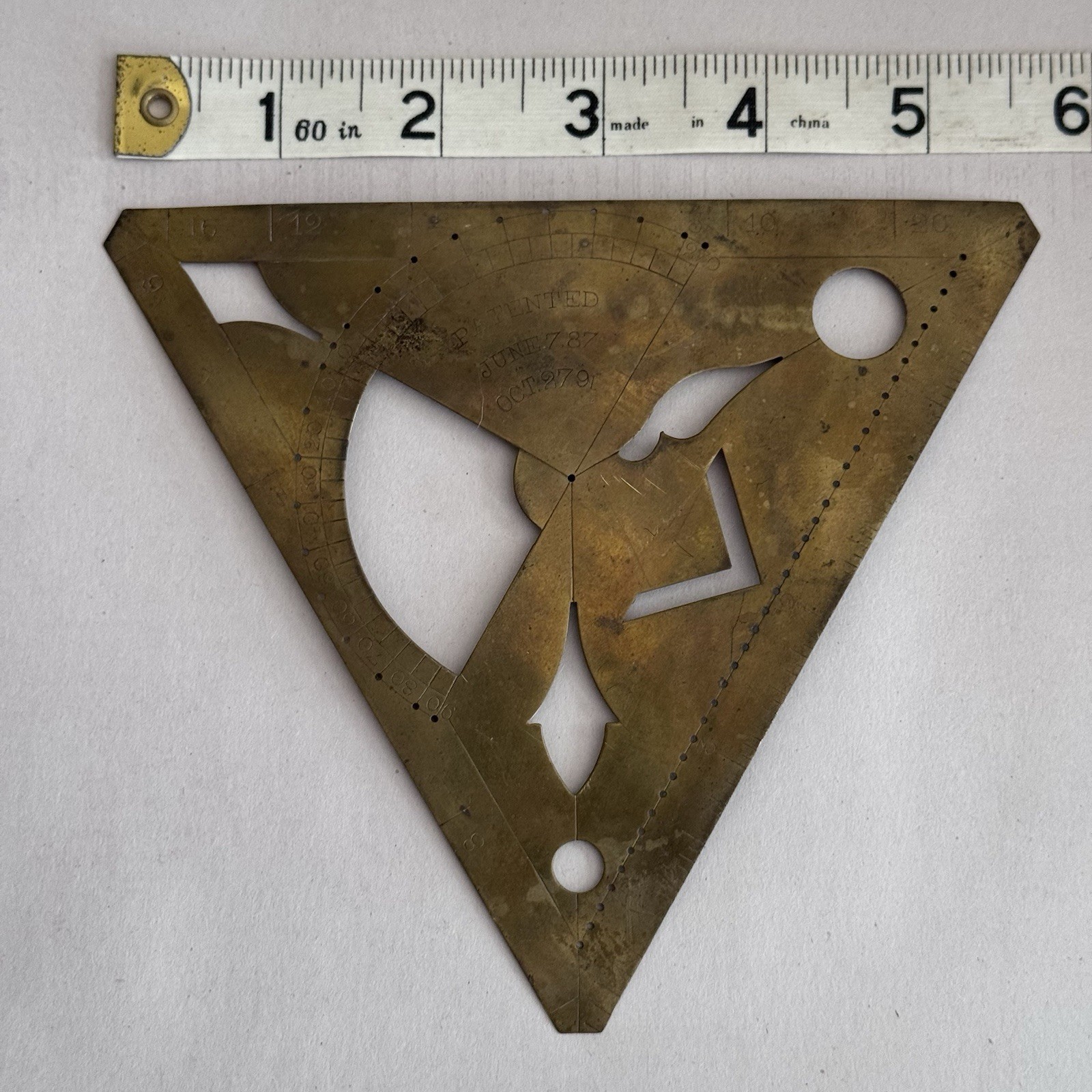 Vtg 1879 Brass Drawing Drafting Draftsman Tool Protractor Ruler Shapes Template