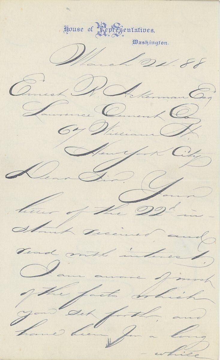 Stephen T. Hopkins - Signed Handwritten Letter from 1888 (New York Politician)