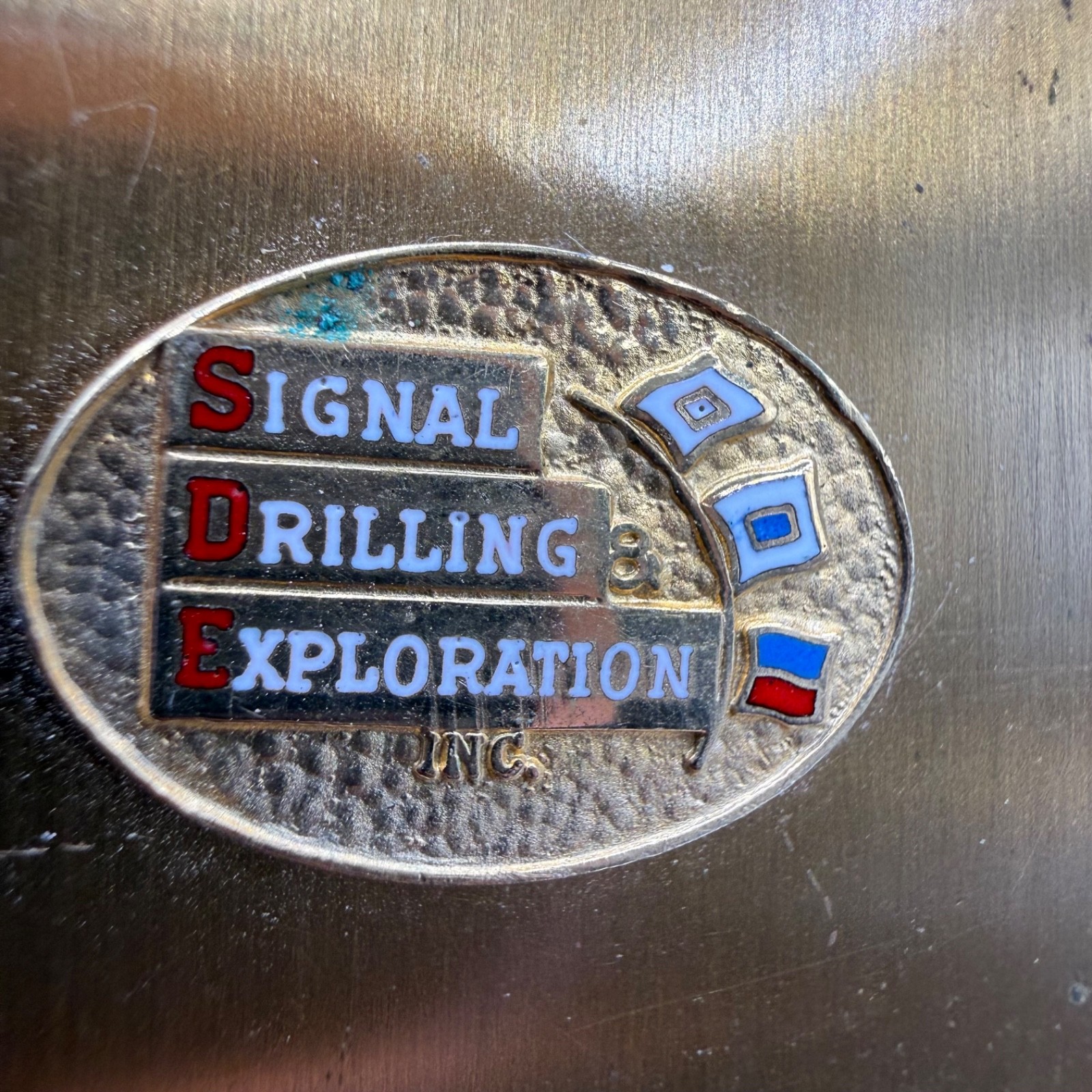 Vintage Signal Drilling Exploration Compact Gold Tone Square Enamel Logo