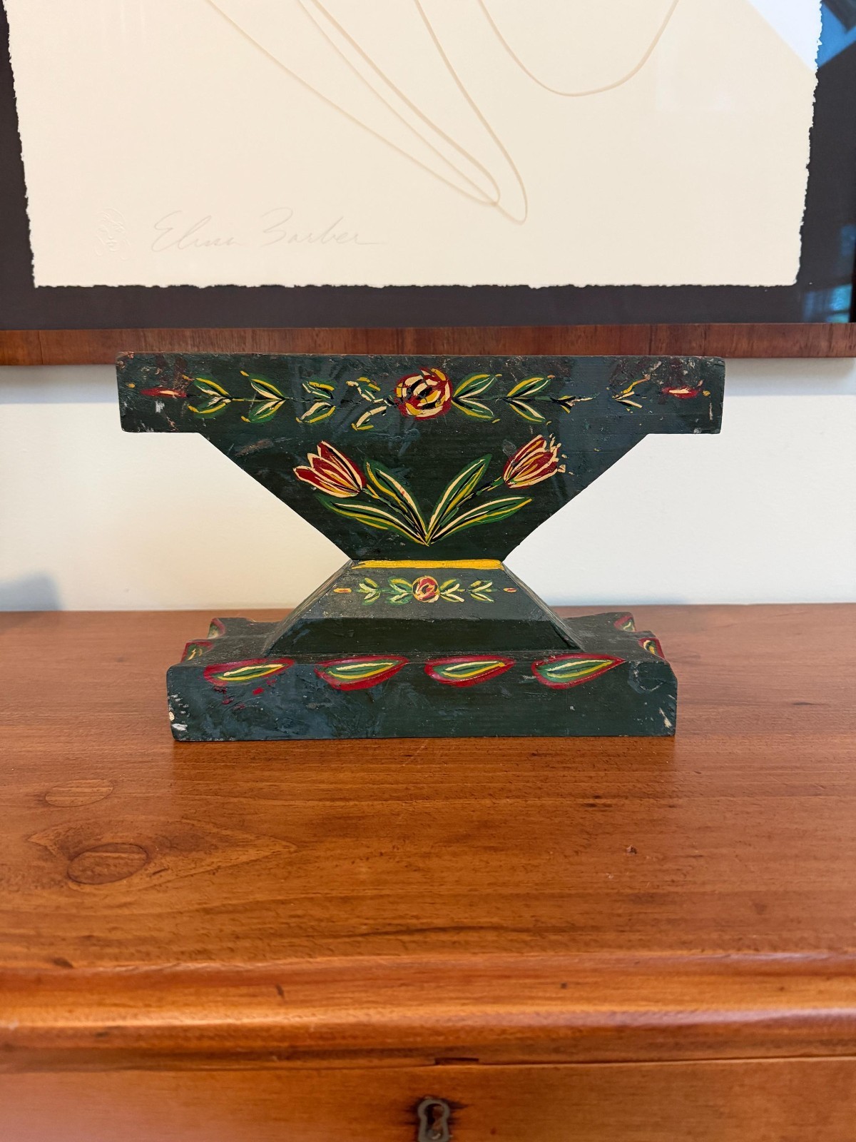 Vintage Swedish Handpainted Candleholder, Carved Wood with Flower Tulip Motif