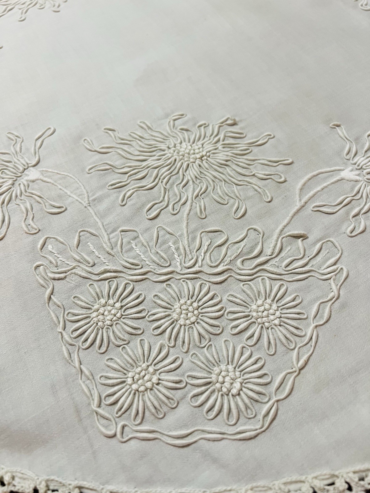 Vtg White on White Floral Padded Satin Embroidered Tablecloth Crocheted Lace