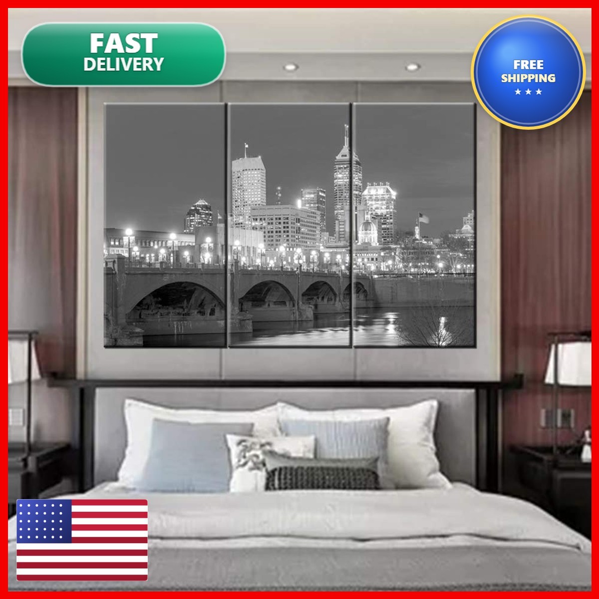 TUMOVO Indianapolis City Skyline Night Modern 3 Panel Stretched And Framed