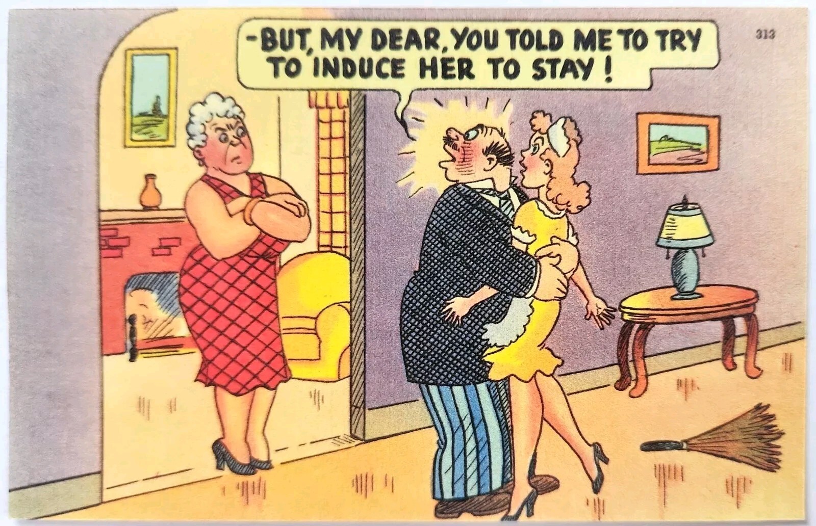 Linen Risque WIFE CATCHES HUSBAND HUGGING THE MAID COMIC