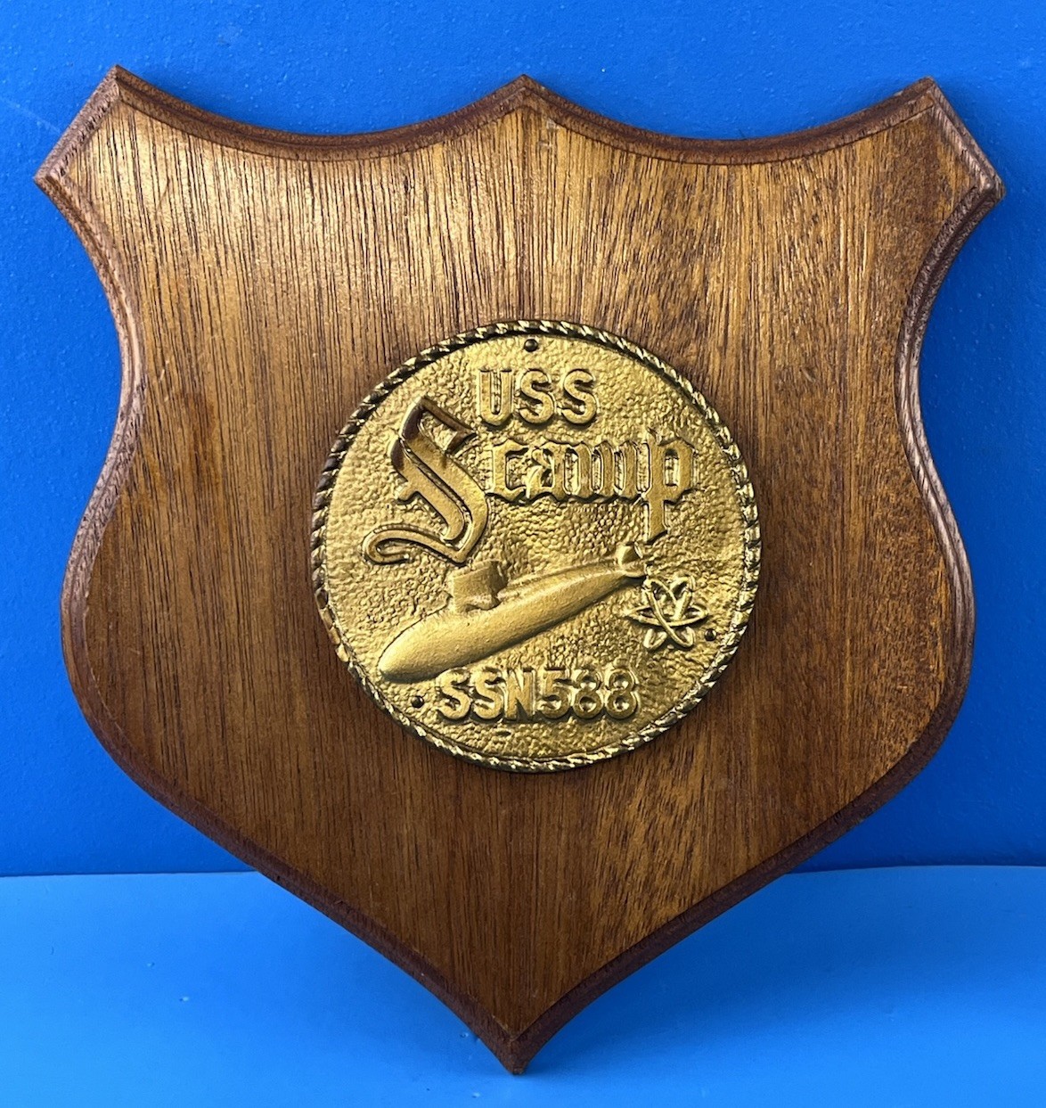 Vintage USS SCAMP SSN-588 Submarine Plaque Brass Wood Cold War US Navy