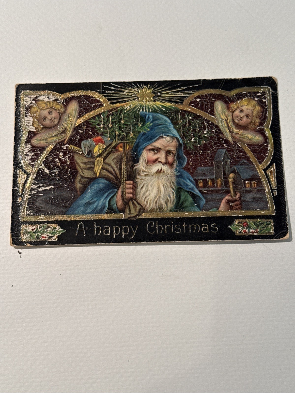 Vintage Christmas Postcard Santa Claus In Blue Cloak Toys Tree Angels 1912
