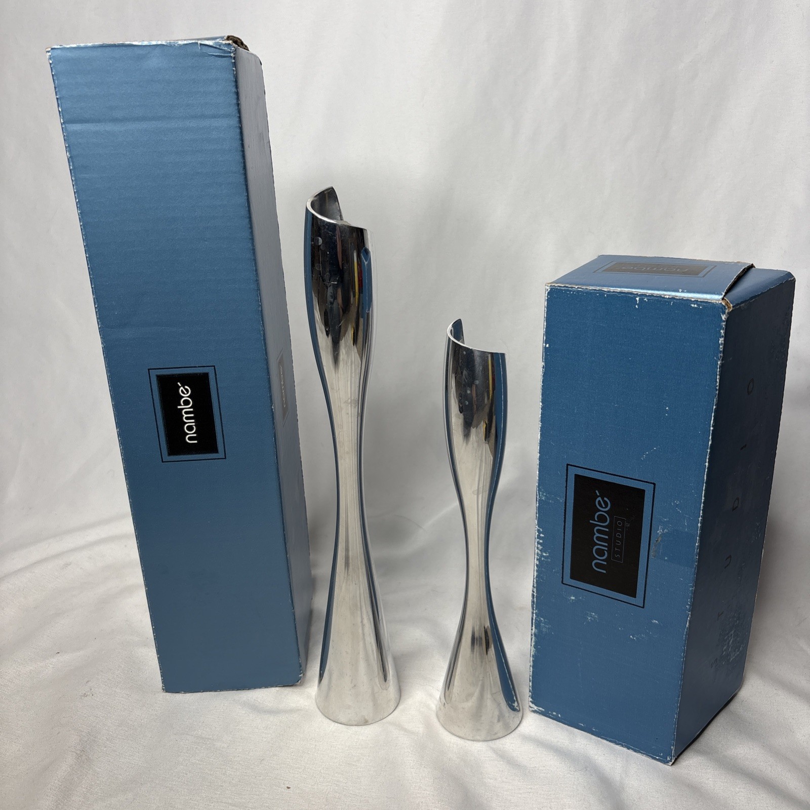 Vtg Nambe 2000 Spiral Candlestick Holders 9” #6202 11.5” #6203 Set Of 2 W/box