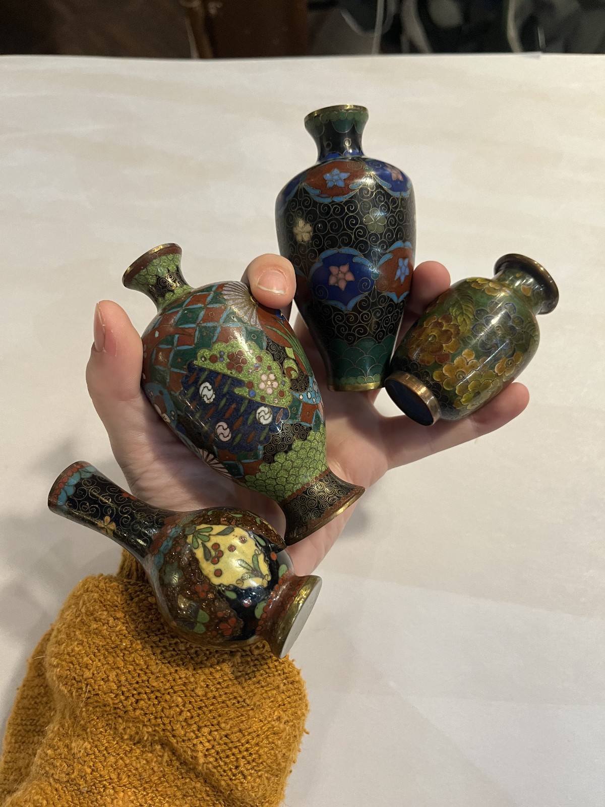 Antique Cloisonné enamel small vases w fine metal wire partitions set of 4