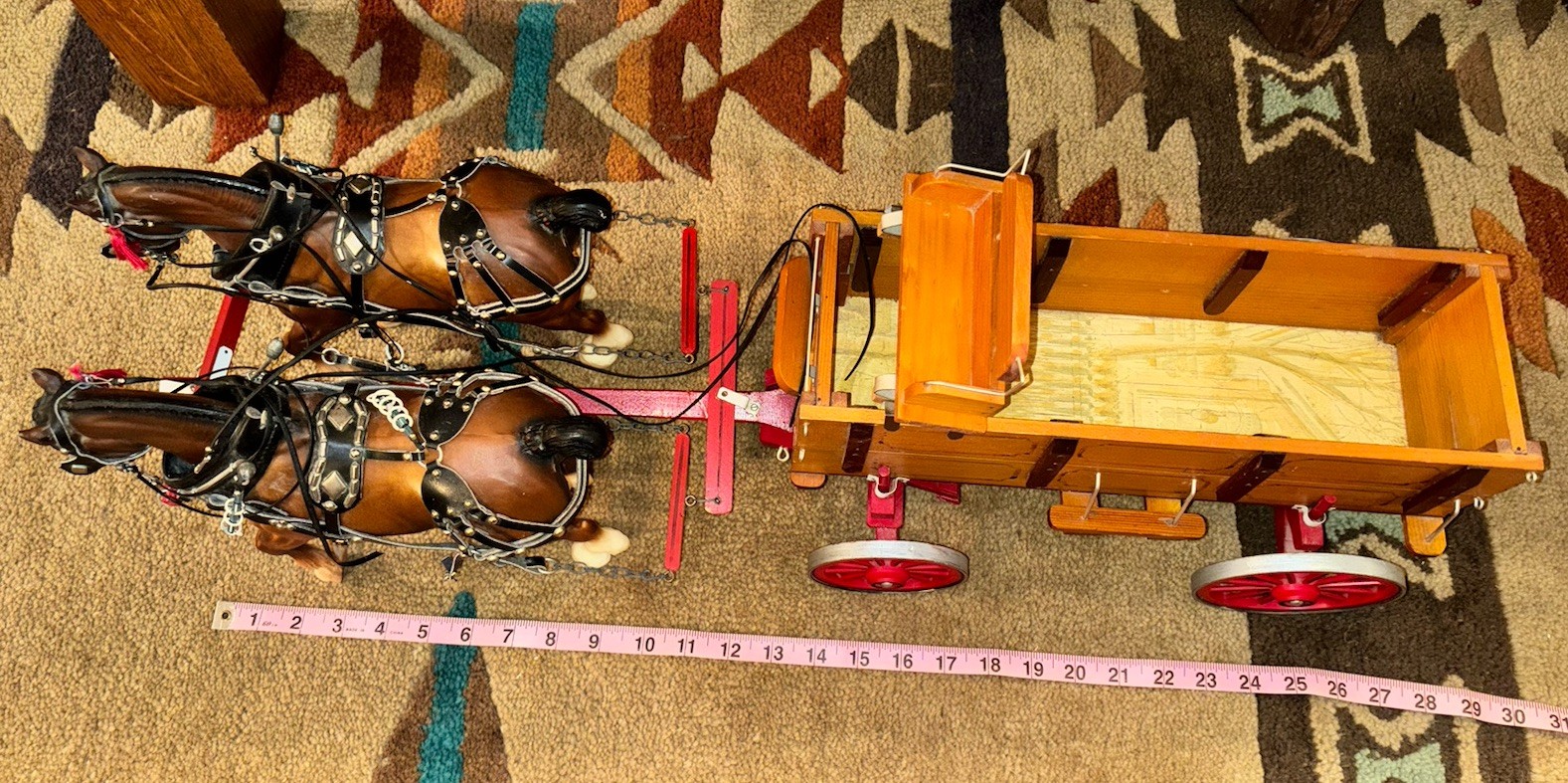 Vintage Toy Model Hay Wagon with Breyer Horse Team and Harness 28”