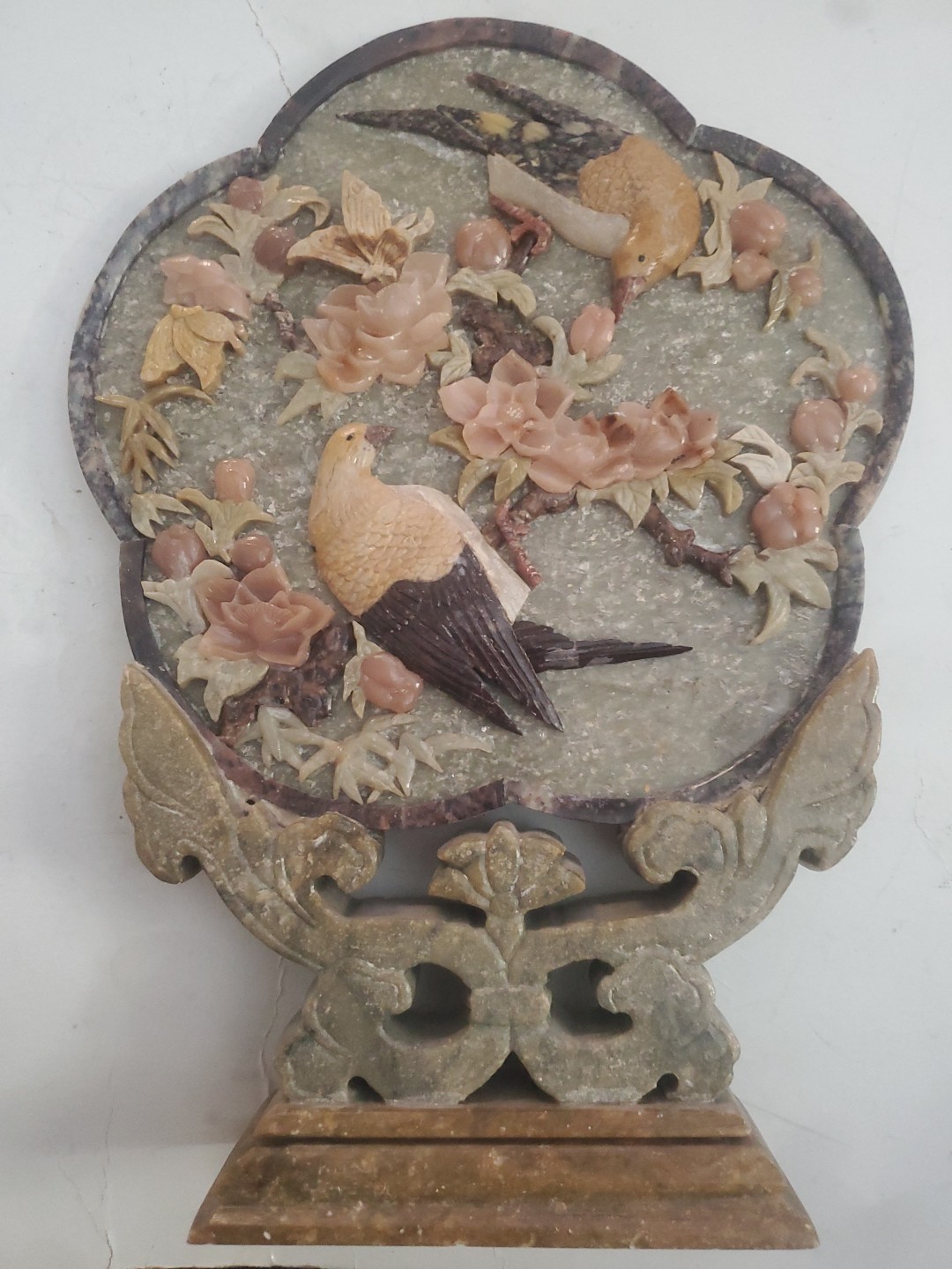Vtg Detailed Hand Carved Soapstone Table Sceen Birds Butterflys Flowers 10\ Vtg Detailed Hand Carved Soapstone Table Sceen Birds Butterflys Flowers 10\