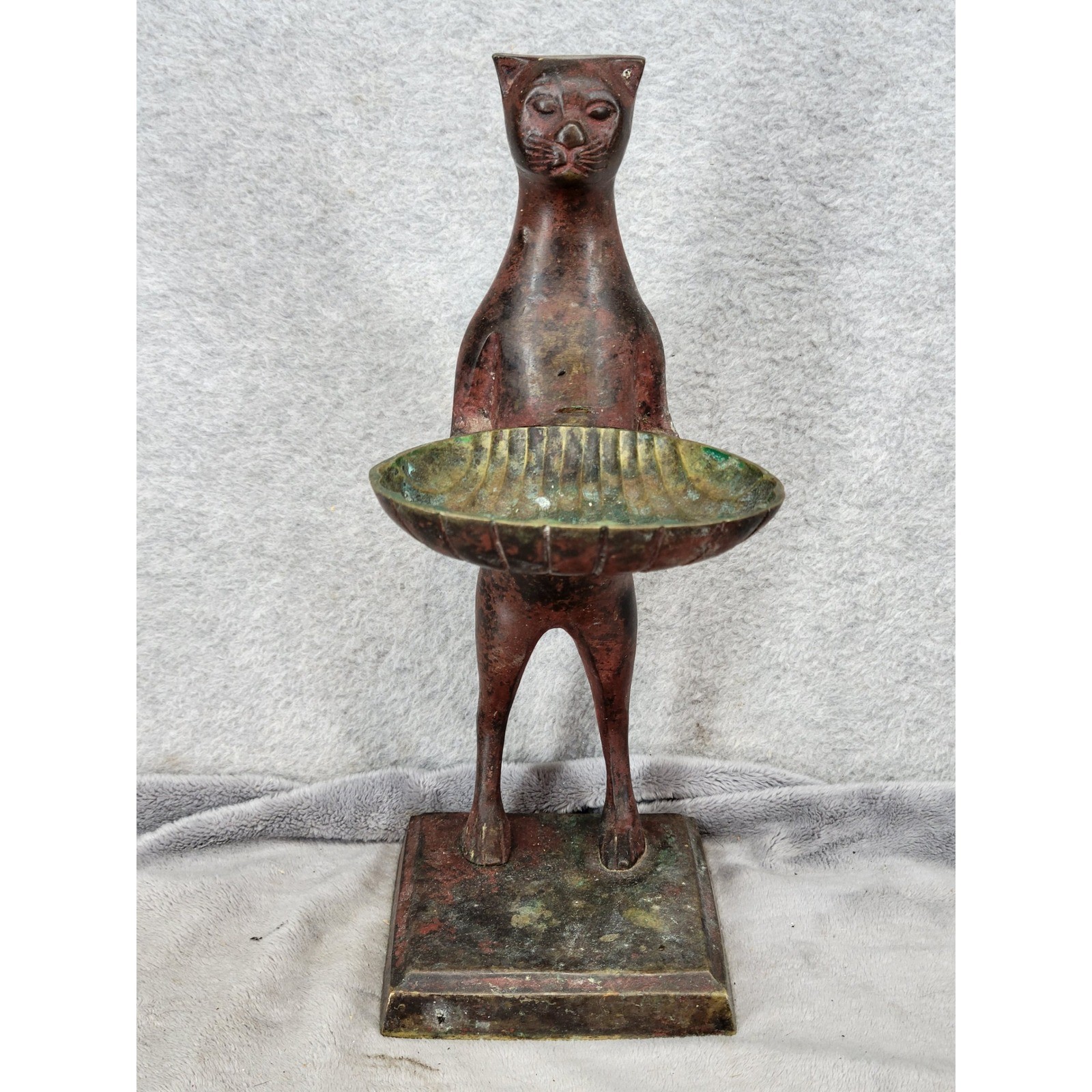 Vintage Bronze Cat Figurine Standing Holding Shell Bowl Valet Tray 11