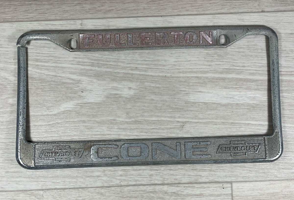 vtg Fullerton California Cone Chevrolet Dealer License Plate Frame Metal Broken