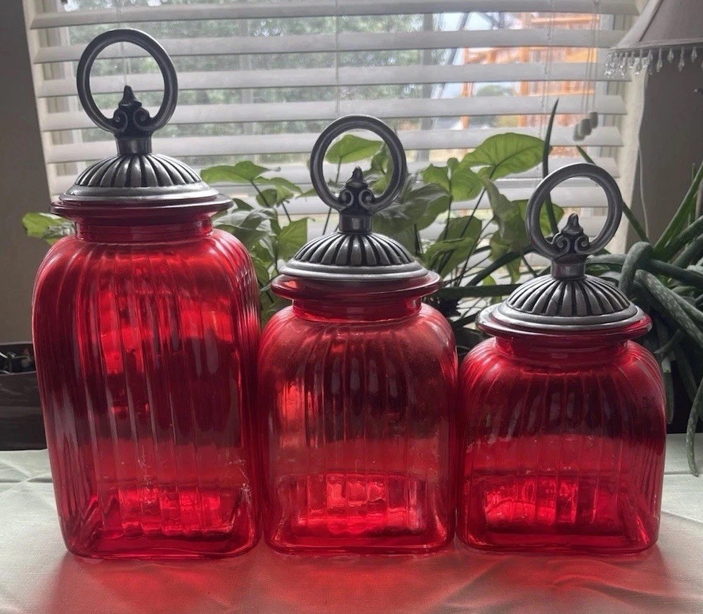 Vintage Artland Mayfair Ruby Red Glass Canister Set of 3 with Unique Pewter Lids