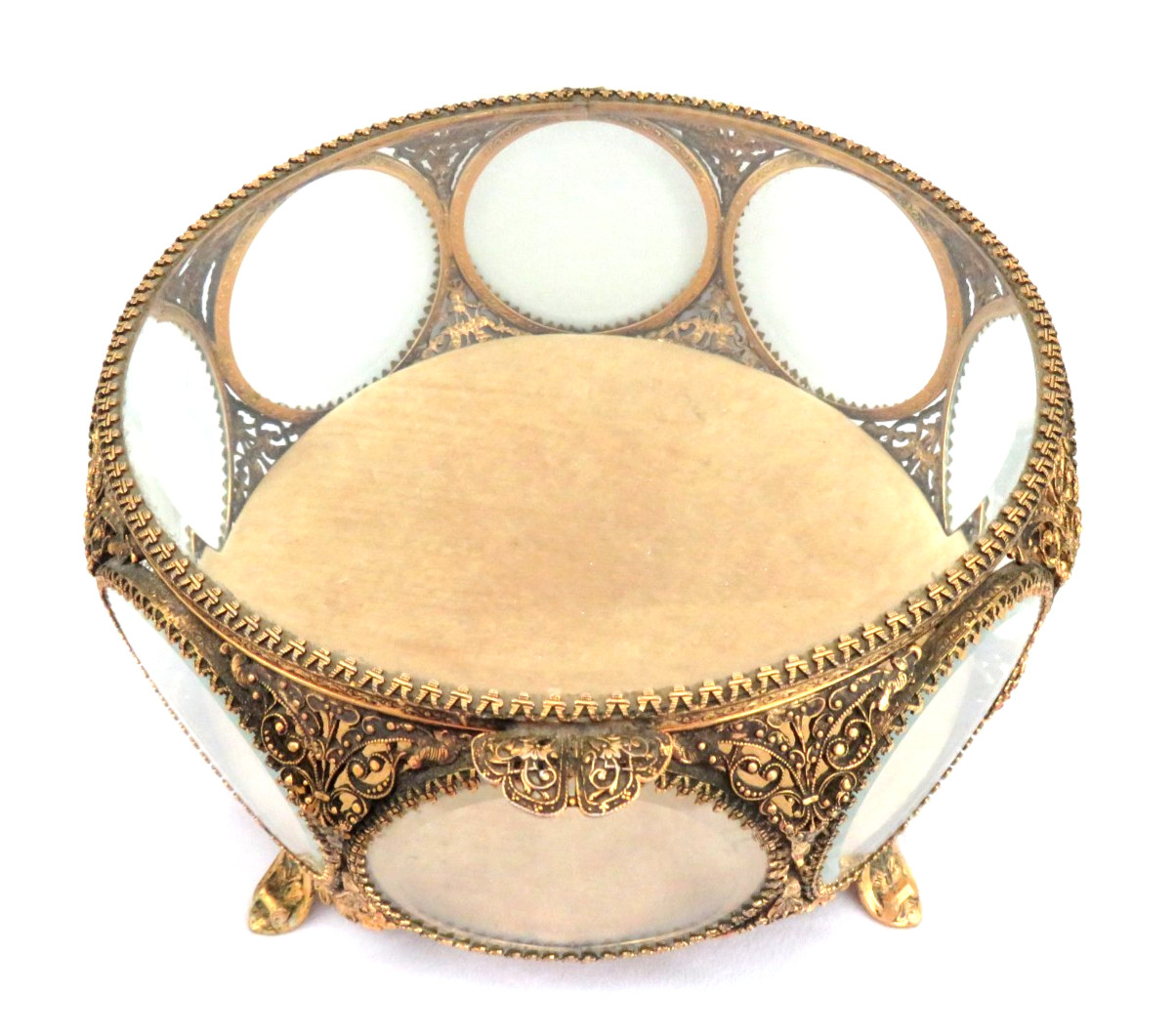 Large 24K Gold Plated Ormolu & Beveled Glass Jewelry Display Casket  Stylebuilt
