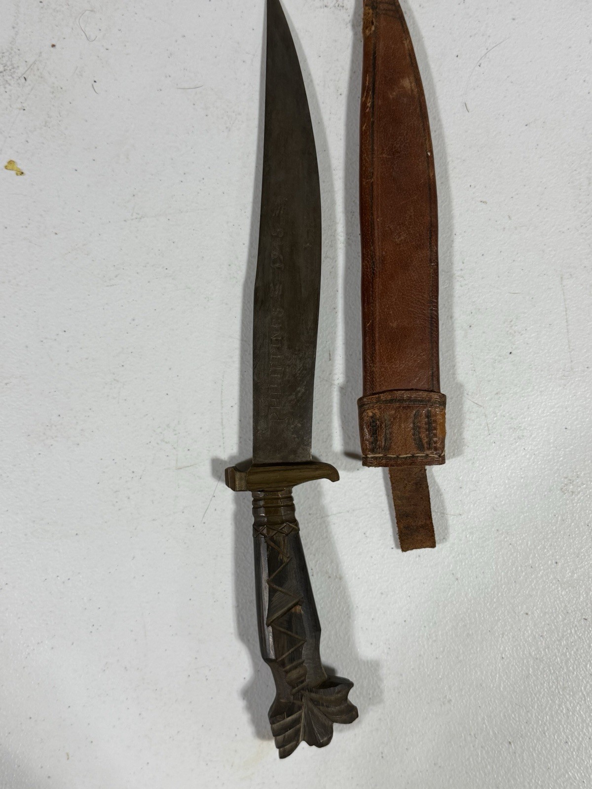 WWII 1945 Philippines Hand-Carved Bolo Knife w/ Original Leather Sheath WWII 1945 Philippines Hand-Carved Bolo Knife w/ Original Leather Sheath