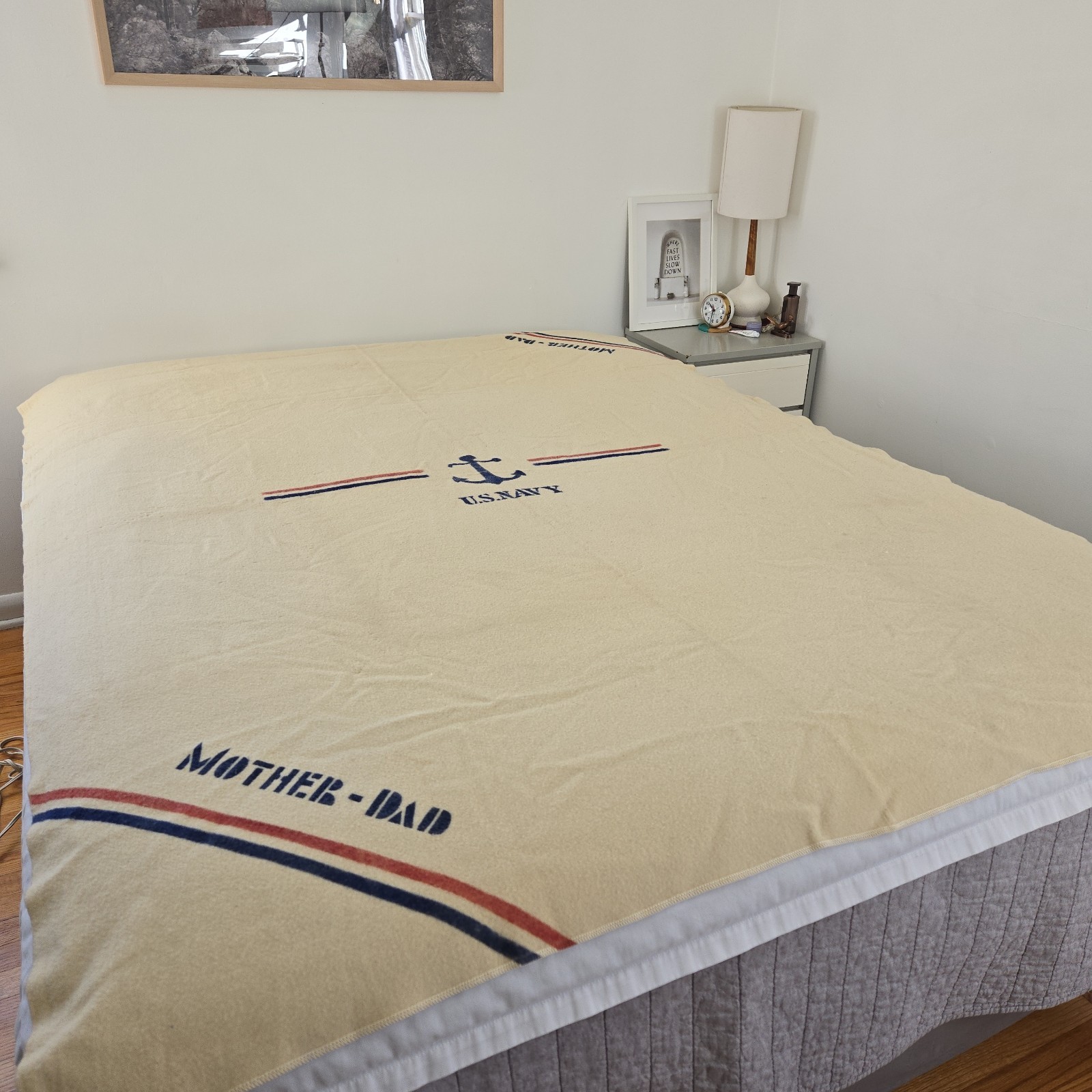Rare VTG US Navy Cream Wool Blanket Anchor Logo Mother - Dad Stencil Striped USA Rare VTG US Navy Cream Wool Blanket Anchor Logo Mother - Dad Stencil Striped USA