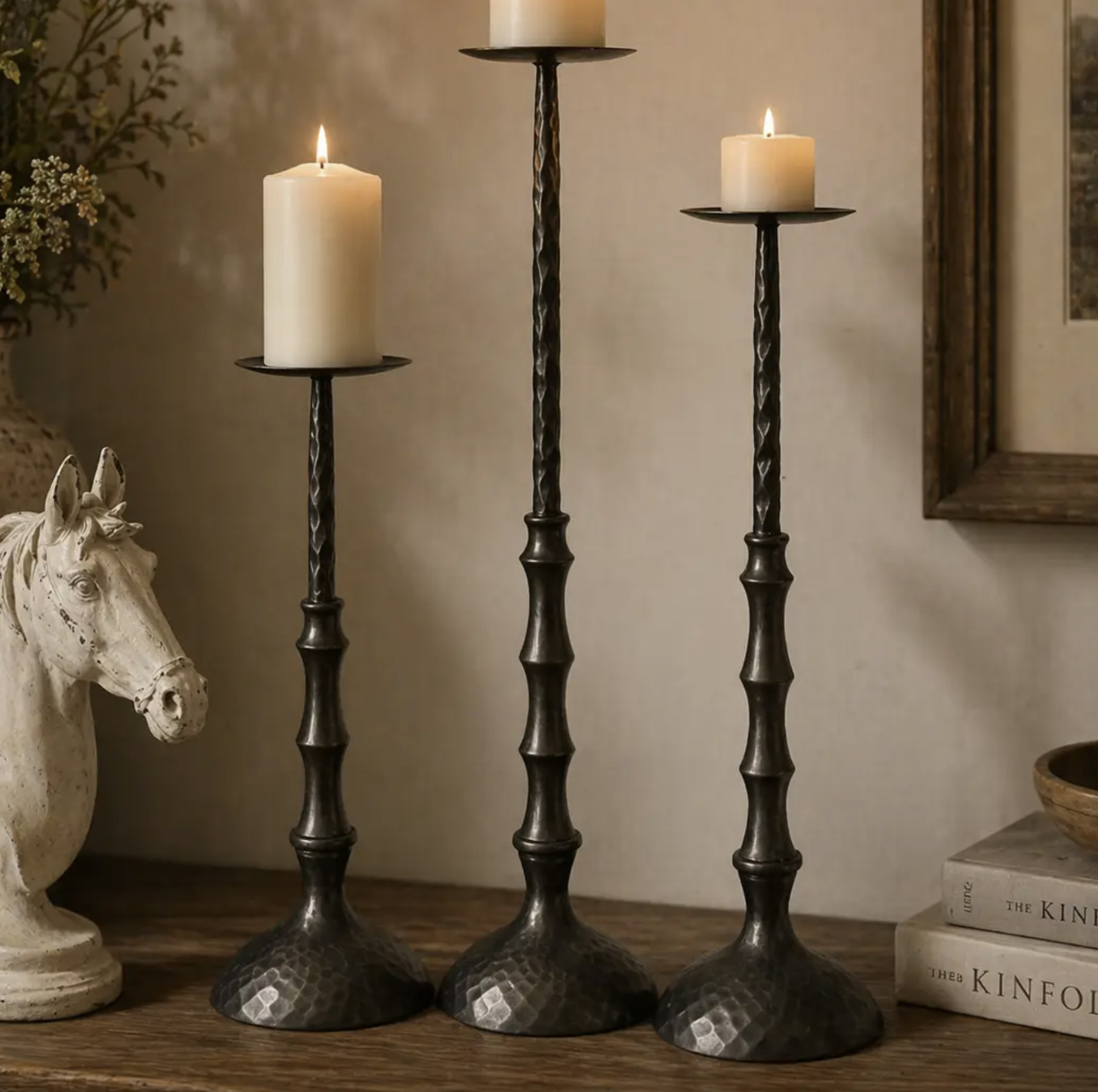 Vintage Metal Hammered Pillar Candelabra Candle Holder Set of 3 Italian Style Vintage Metal Hammered Pillar Candelabra Candle Holder Set of 3 Italian Style