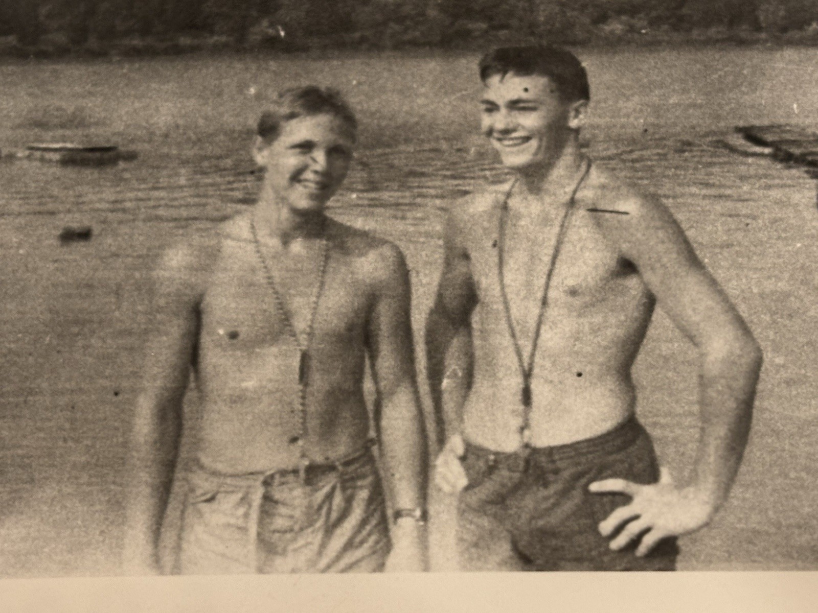 Vintage Photo Young Men Shirtless Handsome Lake, 4”x2.5” B&W, C1950’s Vintage Photo Young Men Shirtless Handsome Lake, 4”x2.5” B&W, C1950’s