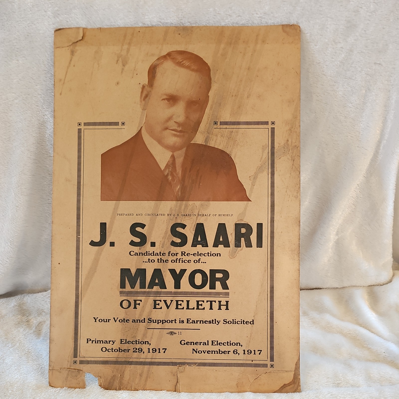 1917 Mayor Re-Election Poster Eveleth Minnesota J.S. Saari 1917 Mayor Re-Election Poster Eveleth Minnesota J.S. Saari