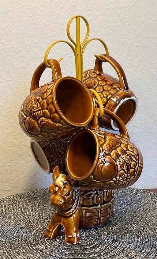 Vintage Japan Donkey Mug Tree Set 4 Fruit Embossed Ceramic Mugs & Holder